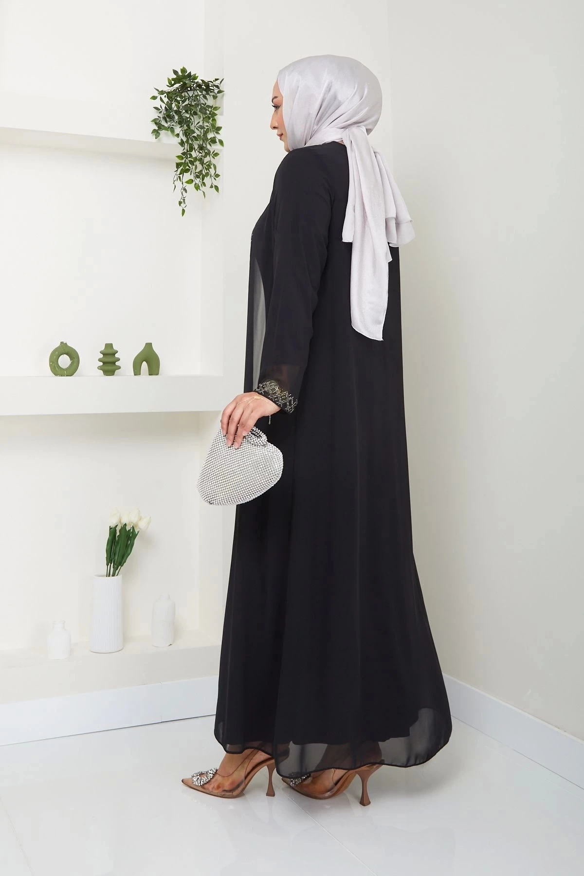 Kadın Büyük Beden Abiye Elbise Şifon Tesettür Abiye Elbise 10120 - Si̇yah