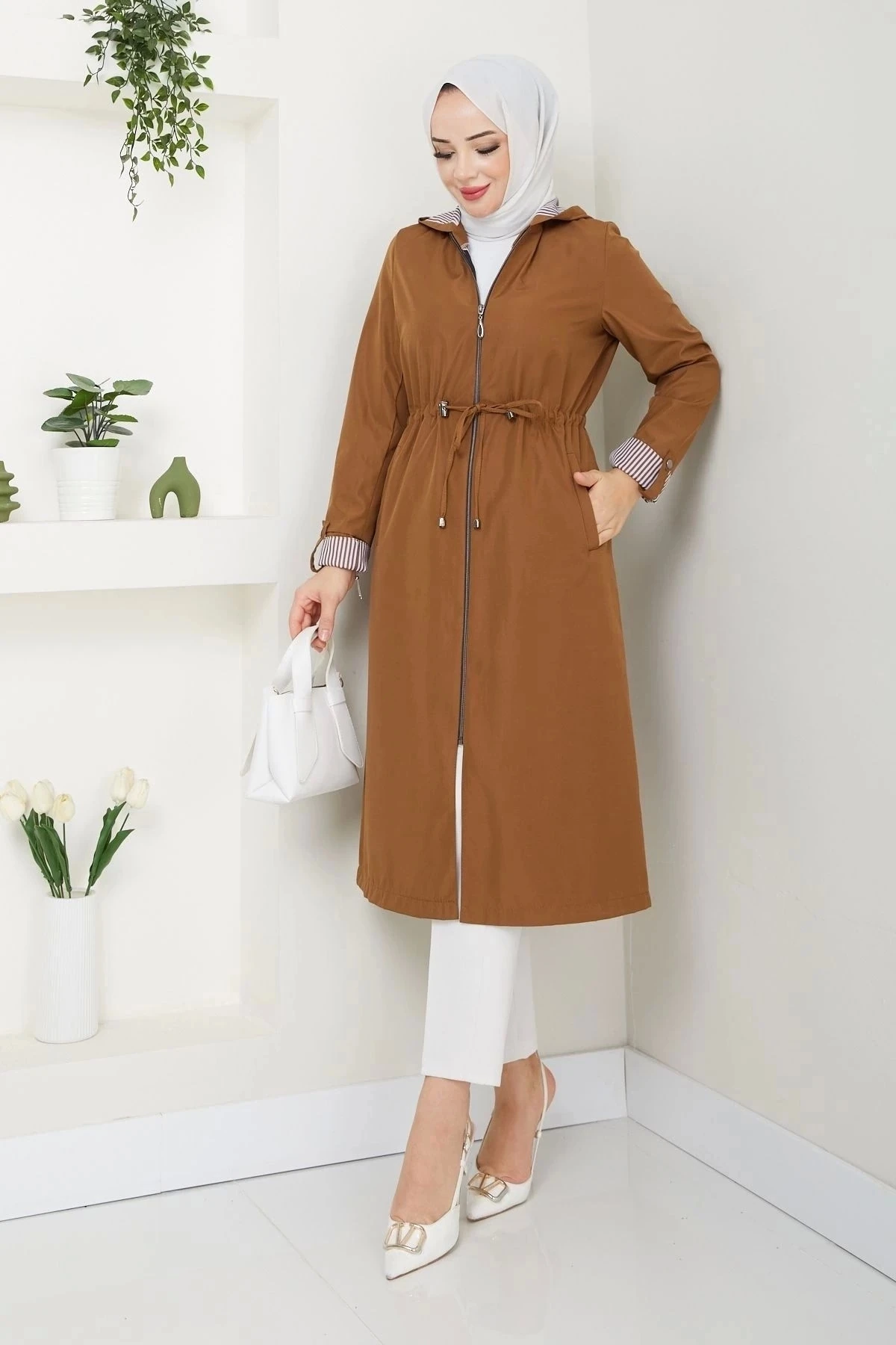 Kadın Uzun Giy Çık Trençkot 10104 - Taba