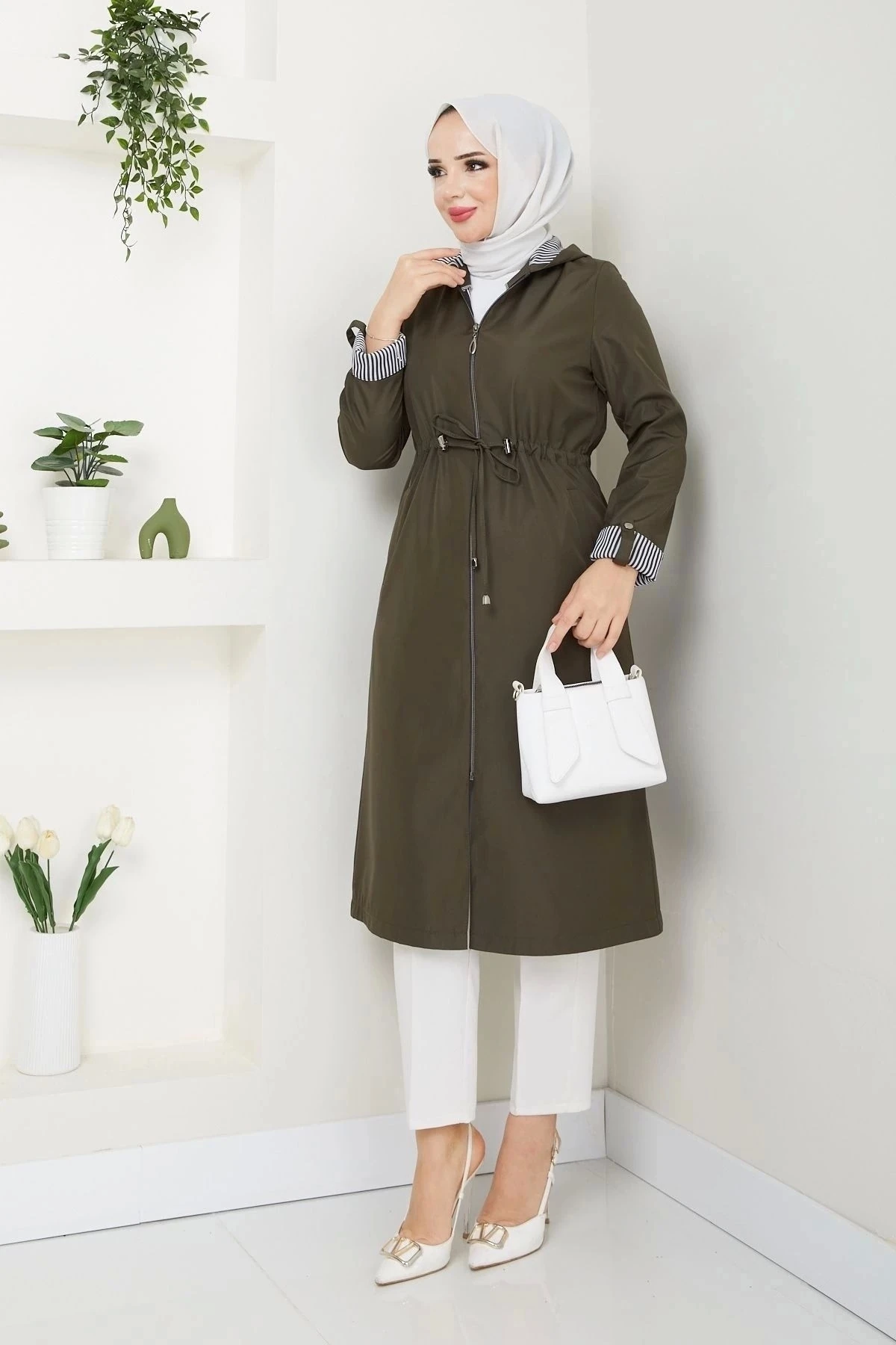 Kadın Uzun Giy Çık Trençkot 10104 - Haki