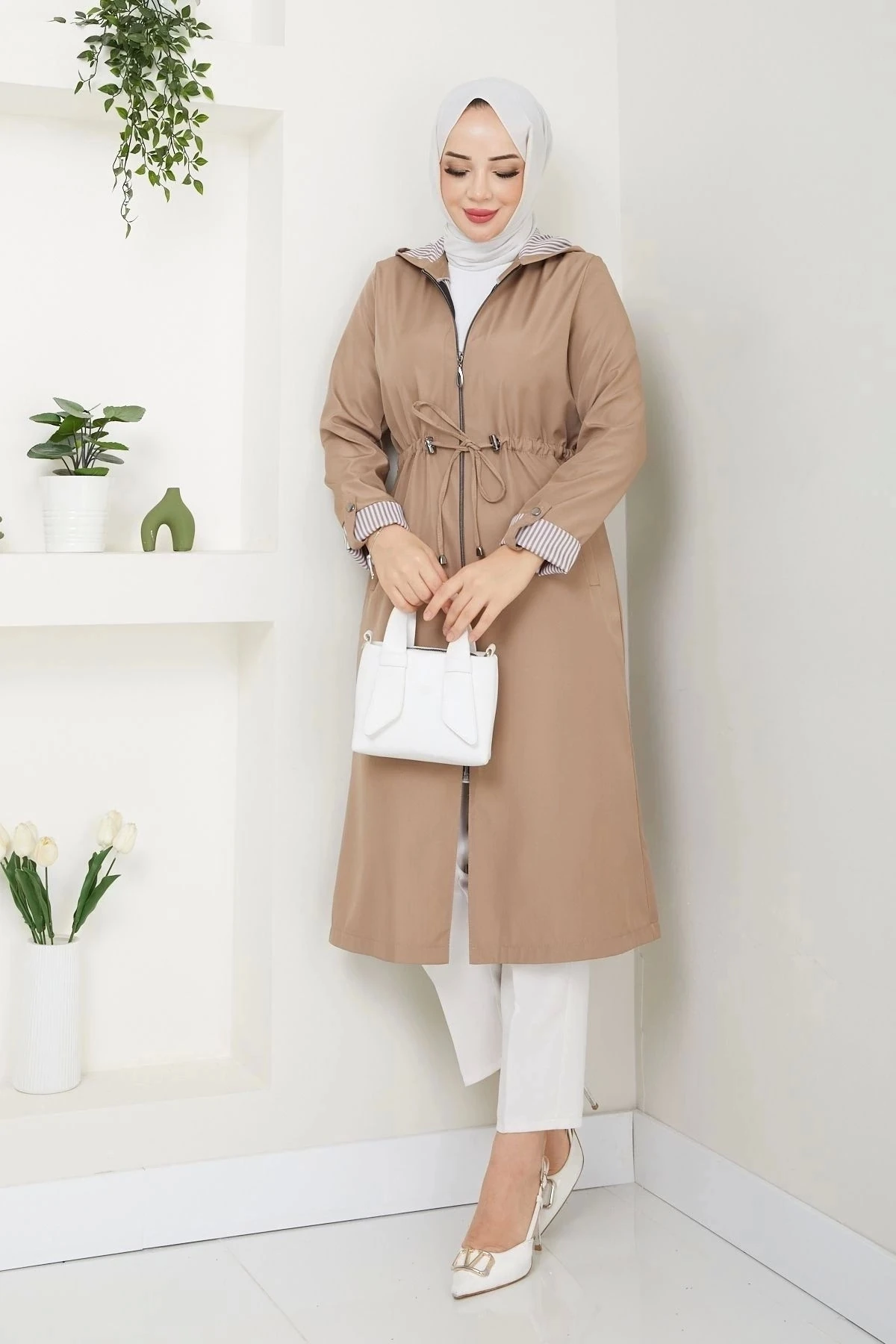 Kadın Uzun Giy Çık Trençkot 10104 - Vizon