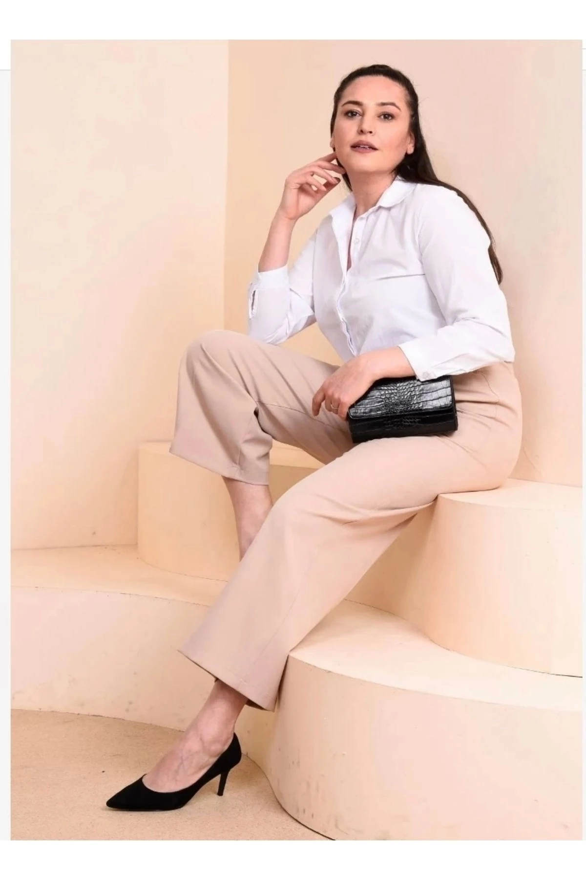 Büyük Beden Lastikli Kumaş Bol Paça Kadın Pantolon 10109