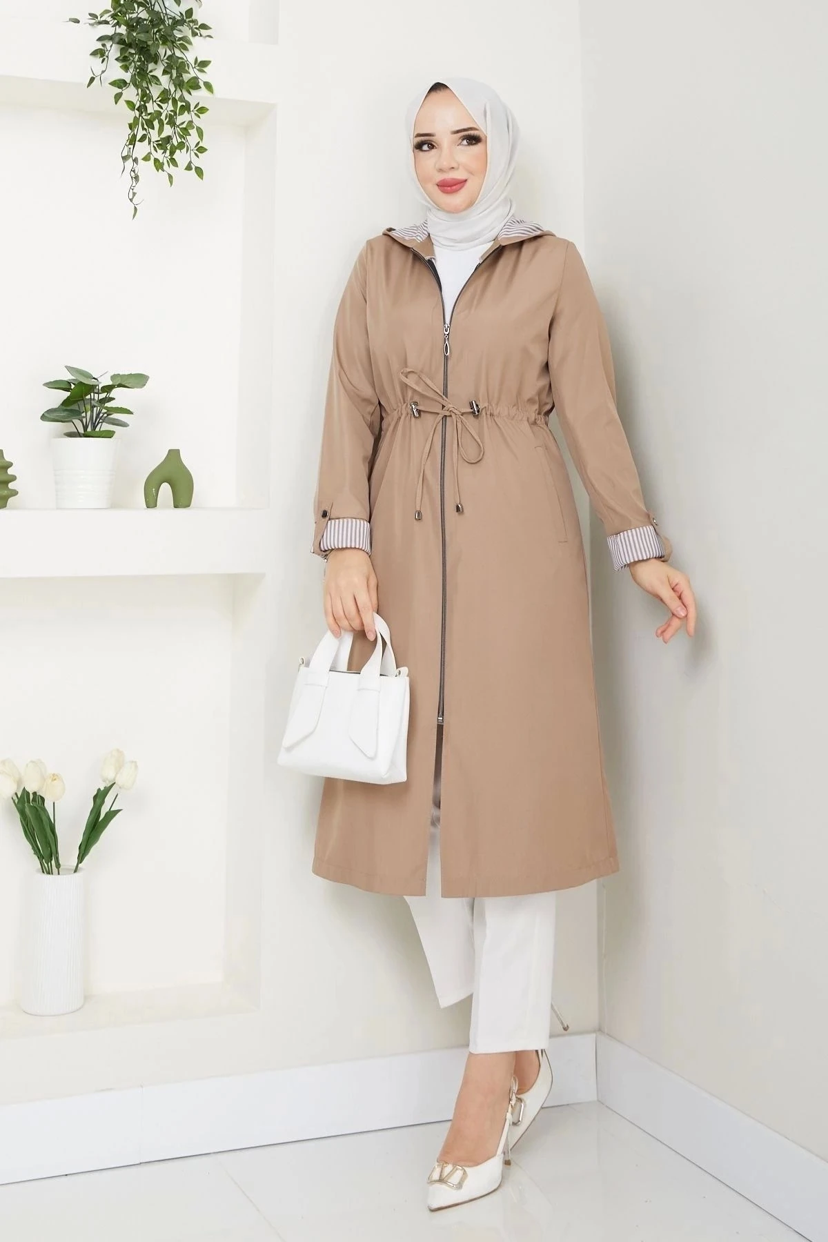 Kadın Uzun Giy Çık Trençkot 10104 - Vizon