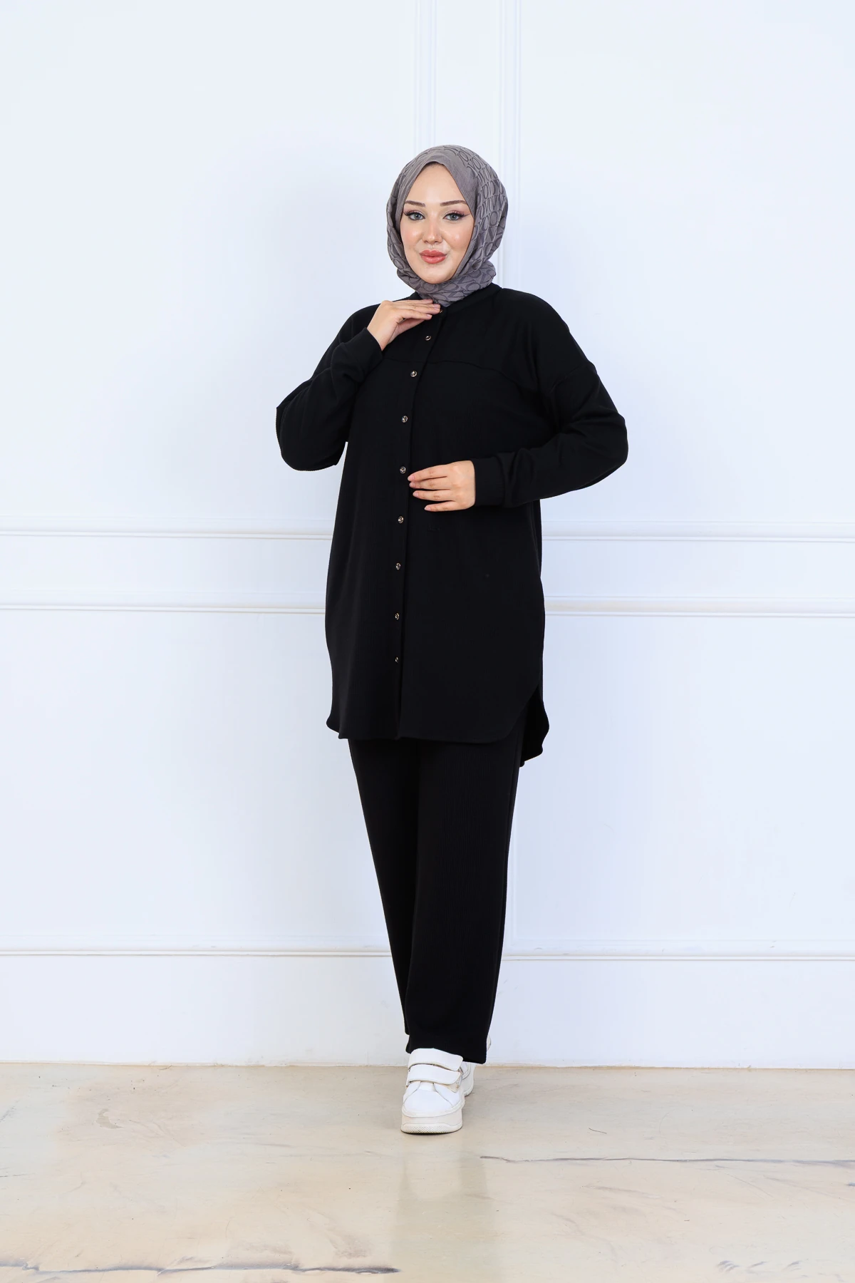 Bürümcük Kumaş Kadın İkili Takım-Gömlek Pantolon 10128 - Siyah