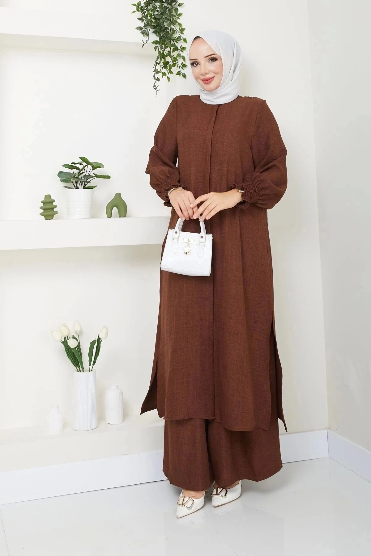 Kadın Uzun İkili Tesettür Tunik Takım 10114 - Kahverengi