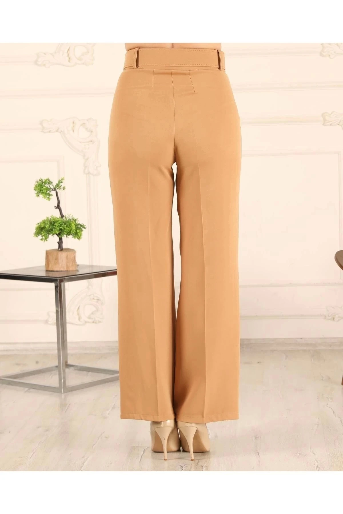 Kadın Bol Paça Kemerli Pantolon 10103 - Camel