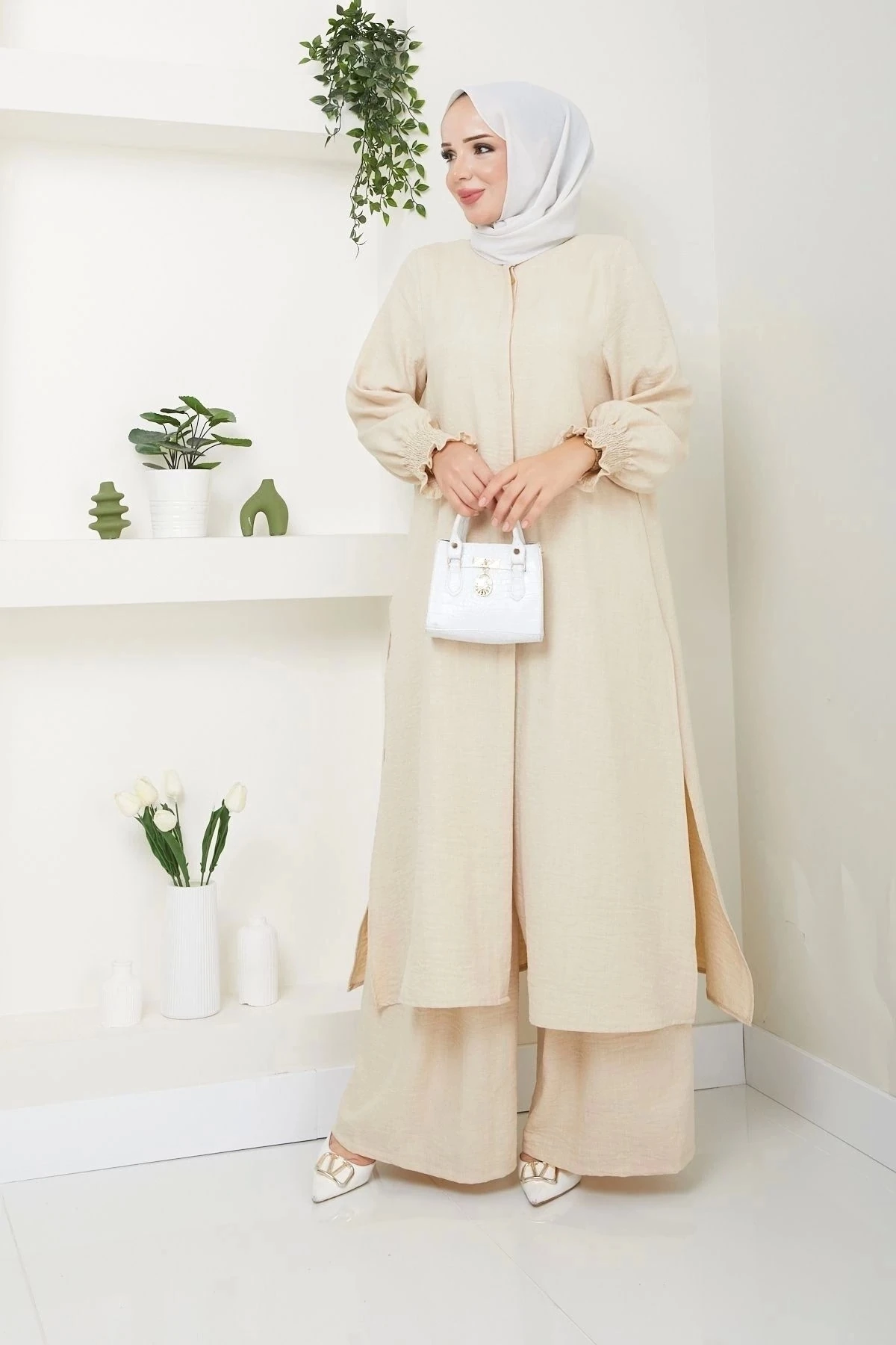 Kadın Uzun İkili Tesettür Tunik Takım 10114 - Taş