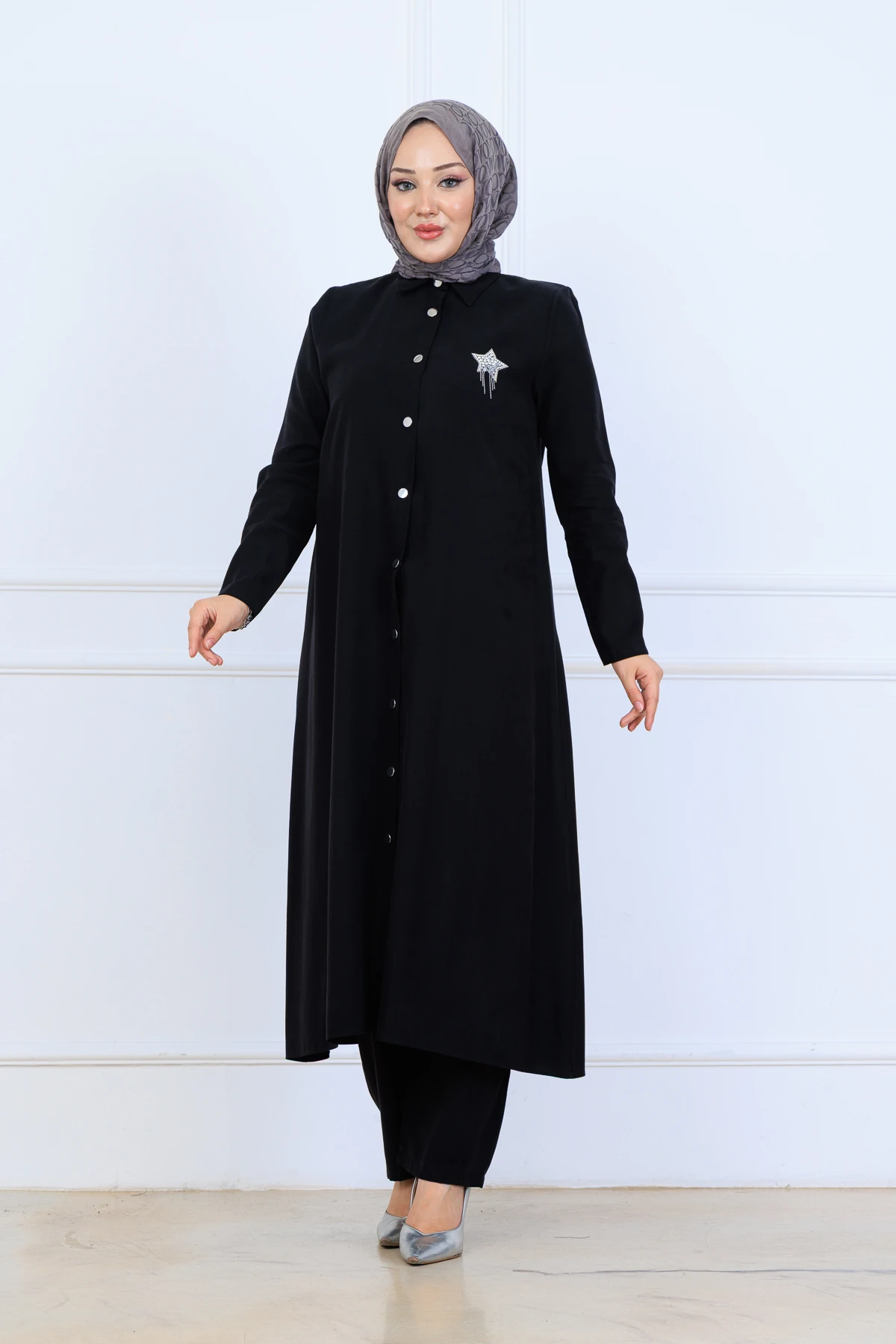 Yumuşak Organik Kumaş Gömlek Yaka Tesettür Kadın Uzun Tunik Pantolonlu İkili Takım 10133