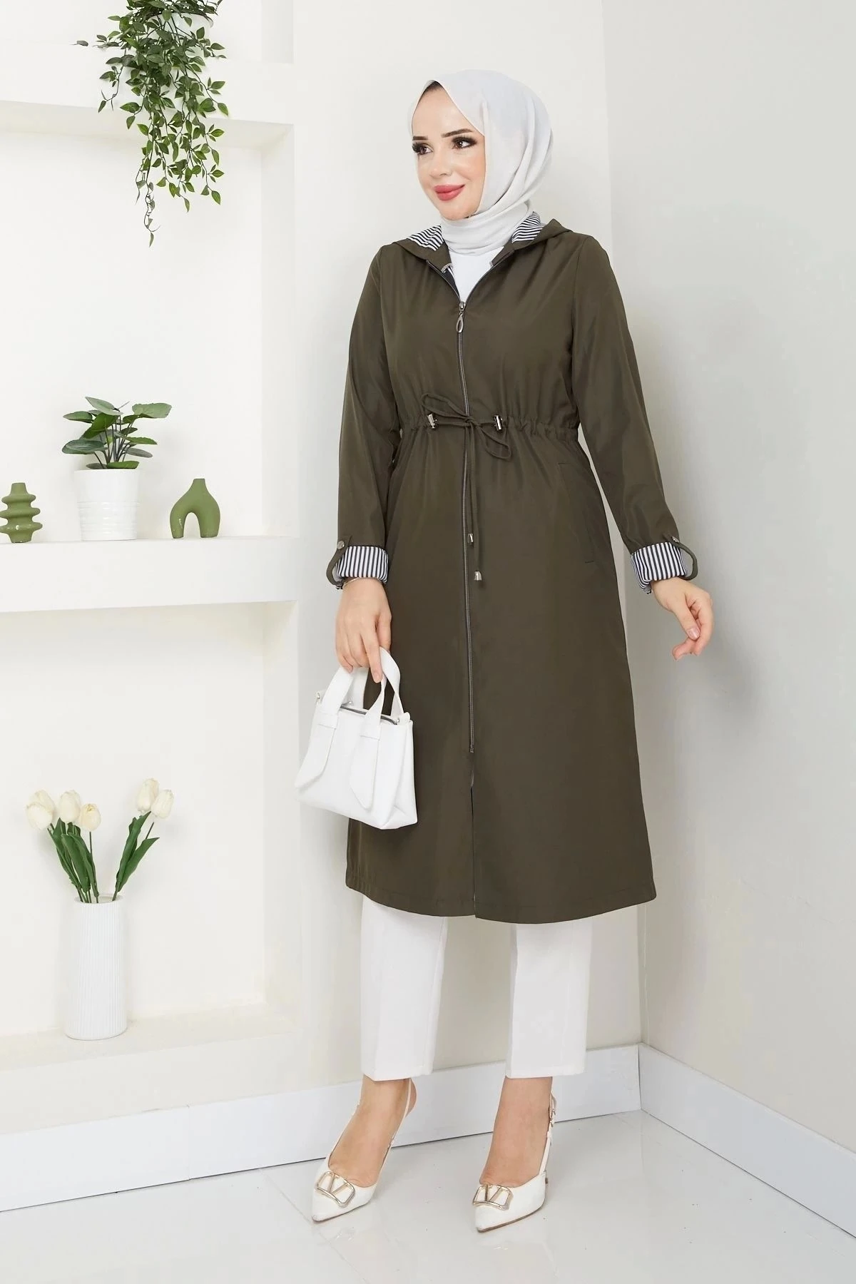 Kadın Uzun Giy Çık Trençkot 10104 - Haki