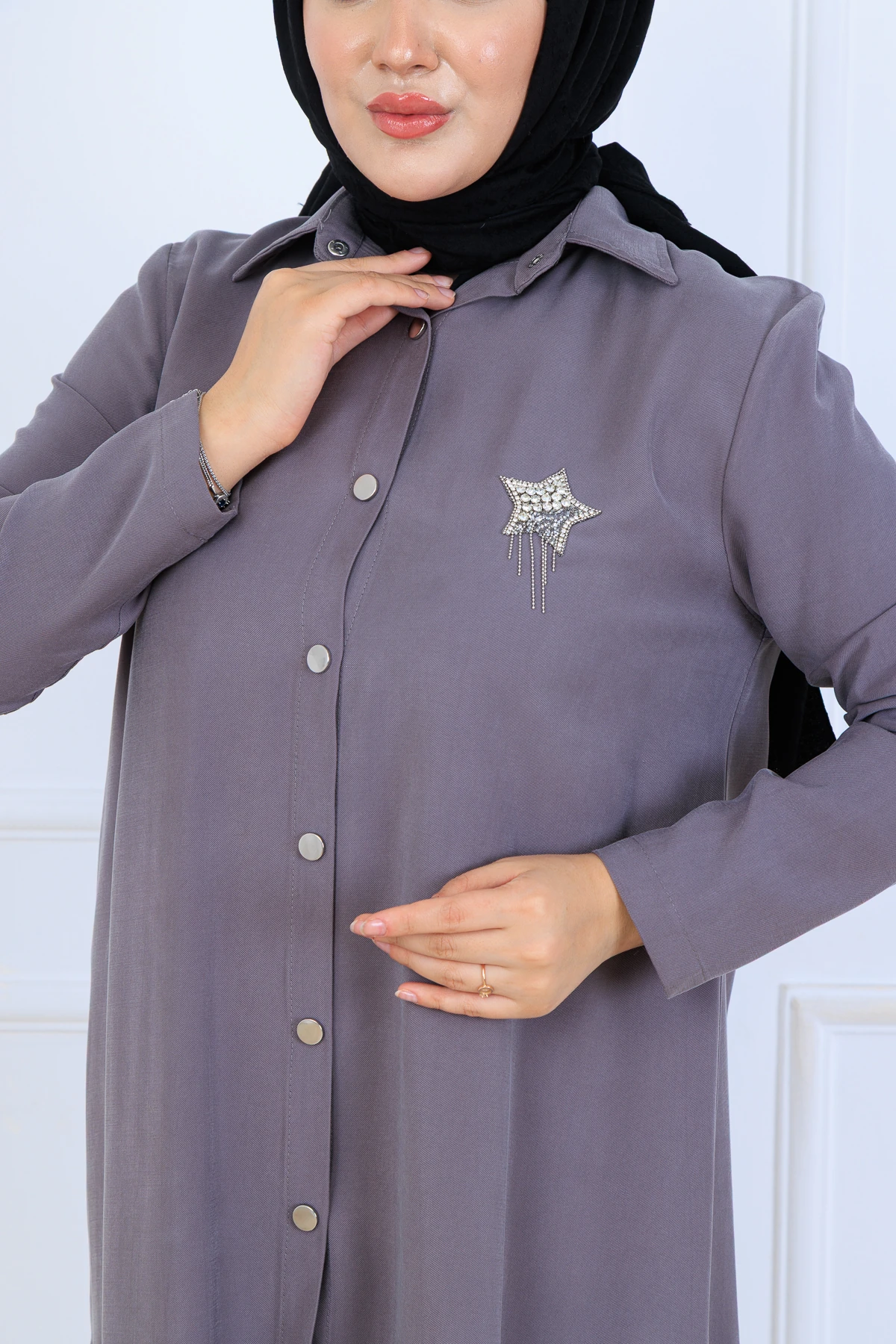 Yumuşak Organik Kumaş Gömlek Yaka Tesettür Kadın Uzun Tunik Pantolonlu İkili Takım 10133 - Gri