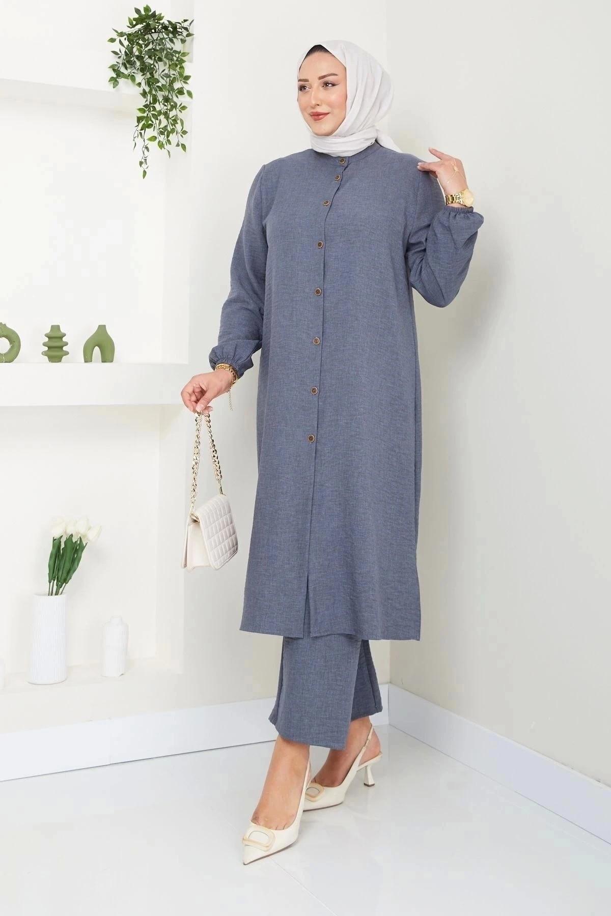 Kadın Büyük Beden Uzun  İkili Tesettür Tunik Takım 10110 - Antrasi̇t.