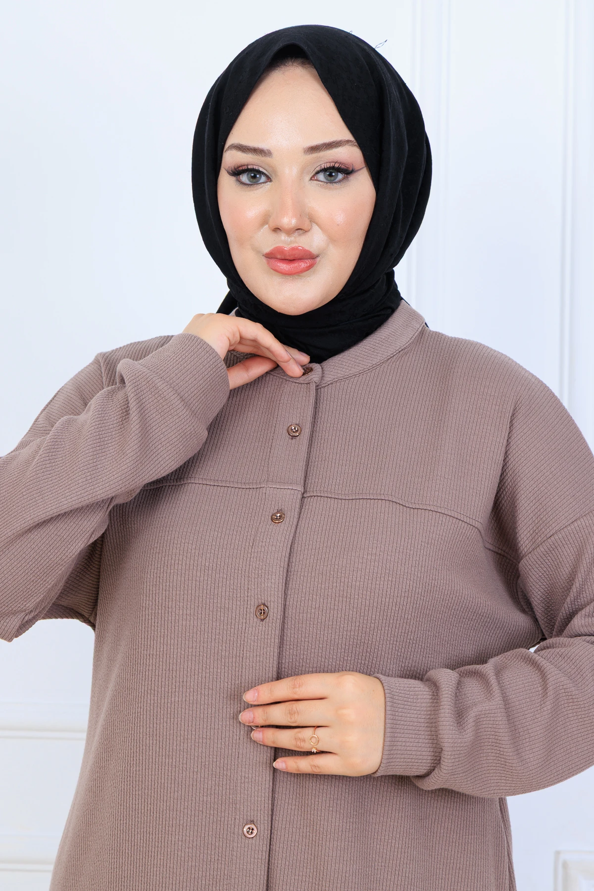 Bürümcük Kumaş Kadın İkili Takım-Gömlek Pantolon 10128 - Vizon