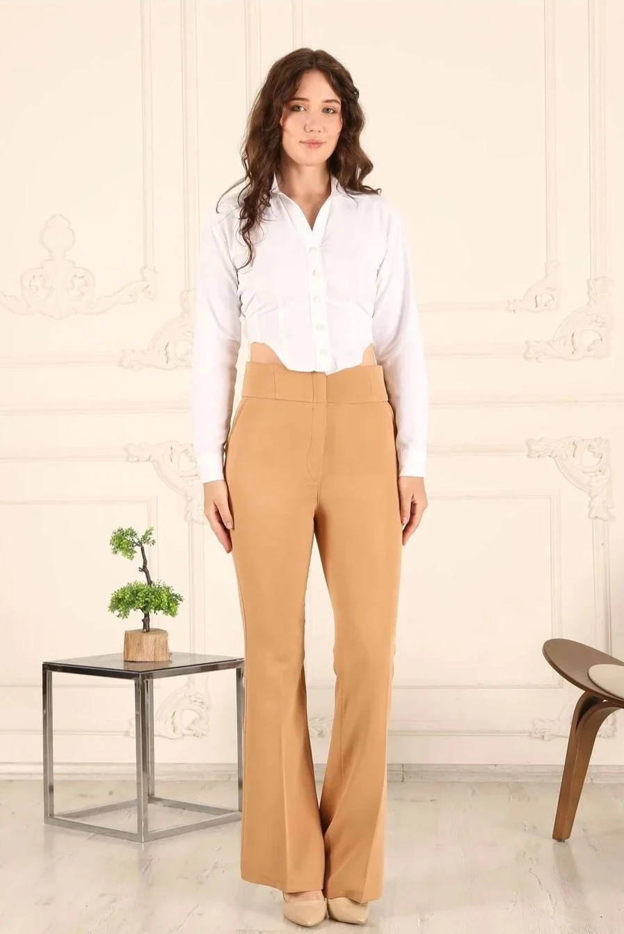 Yüksek Bel İspanyol Paça Kadın Kumaş Pantolon 10101