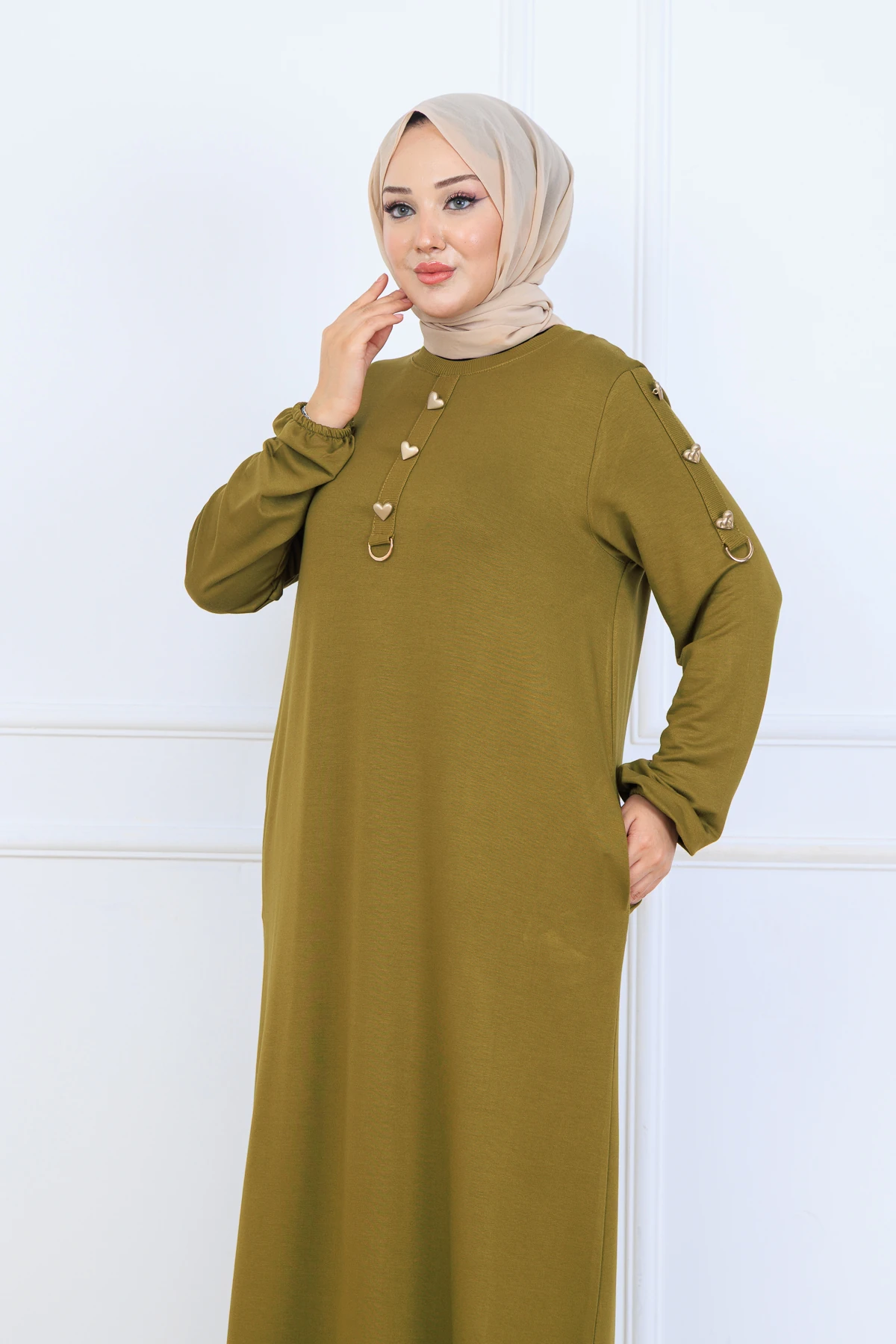 Rahat Bol Kesim Örme Kumaş Elbise 10127 - Yağ Yeşil