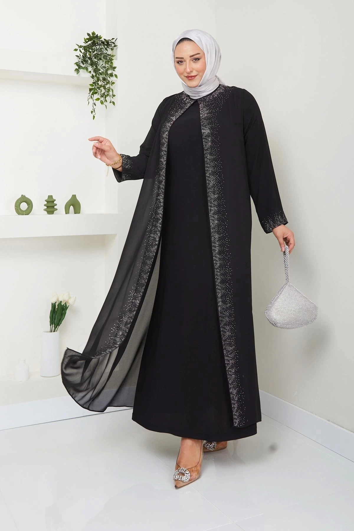 Kadın Büyük Beden Abiye Elbise Uzun Şifon 10118 - Si̇yah