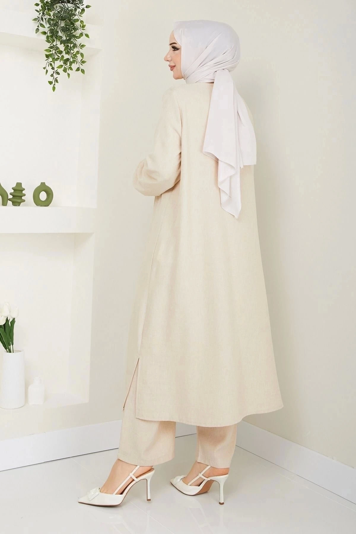 Kadın Büyük Beden Uzun  İkili Tesettür Tunik Takım 10110 - Taş