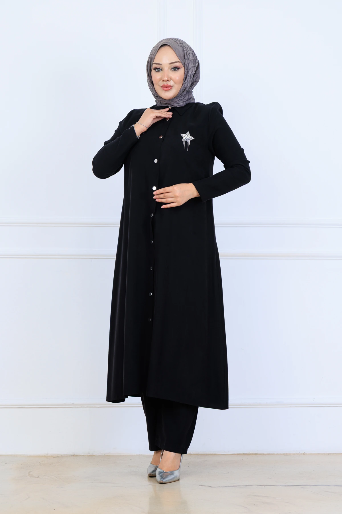 Yumuşak Organik Kumaş Gömlek Yaka Tesettür Kadın Uzun Tunik Pantolonlu İkili Takım 10133