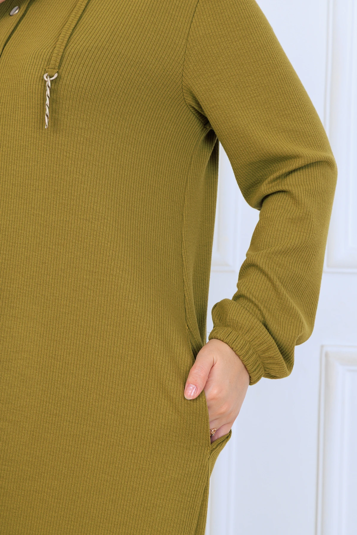 Rahat Kalıp Fitilli Örme Kumaş Elbise 10126 - Yağ Yeşil