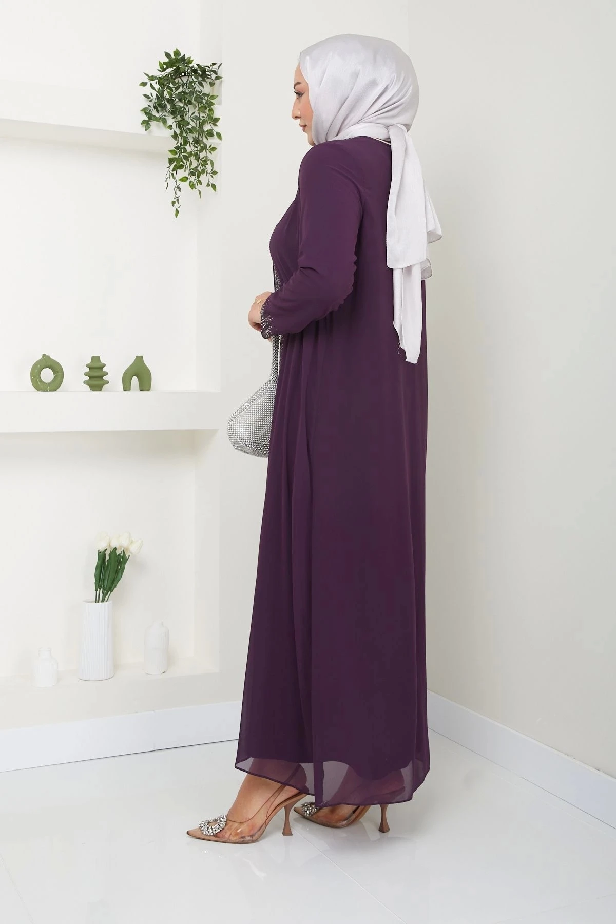 Kadın Büyük Beden Abiye Elbise Uzun Şifon 10118 - Mürdüm