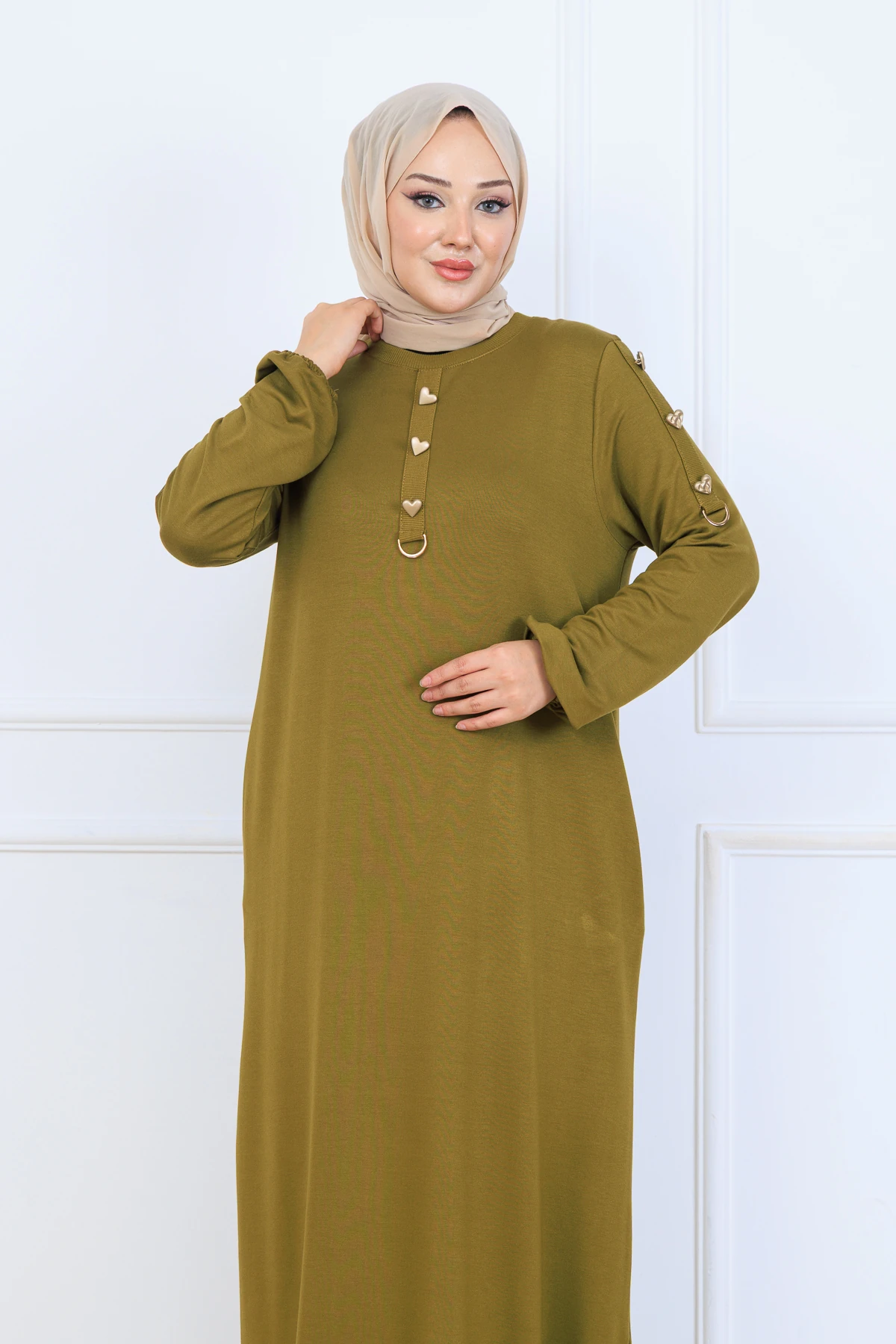 Rahat Bol Kesim Örme Kumaş Elbise 10127 - Yağ Yeşil