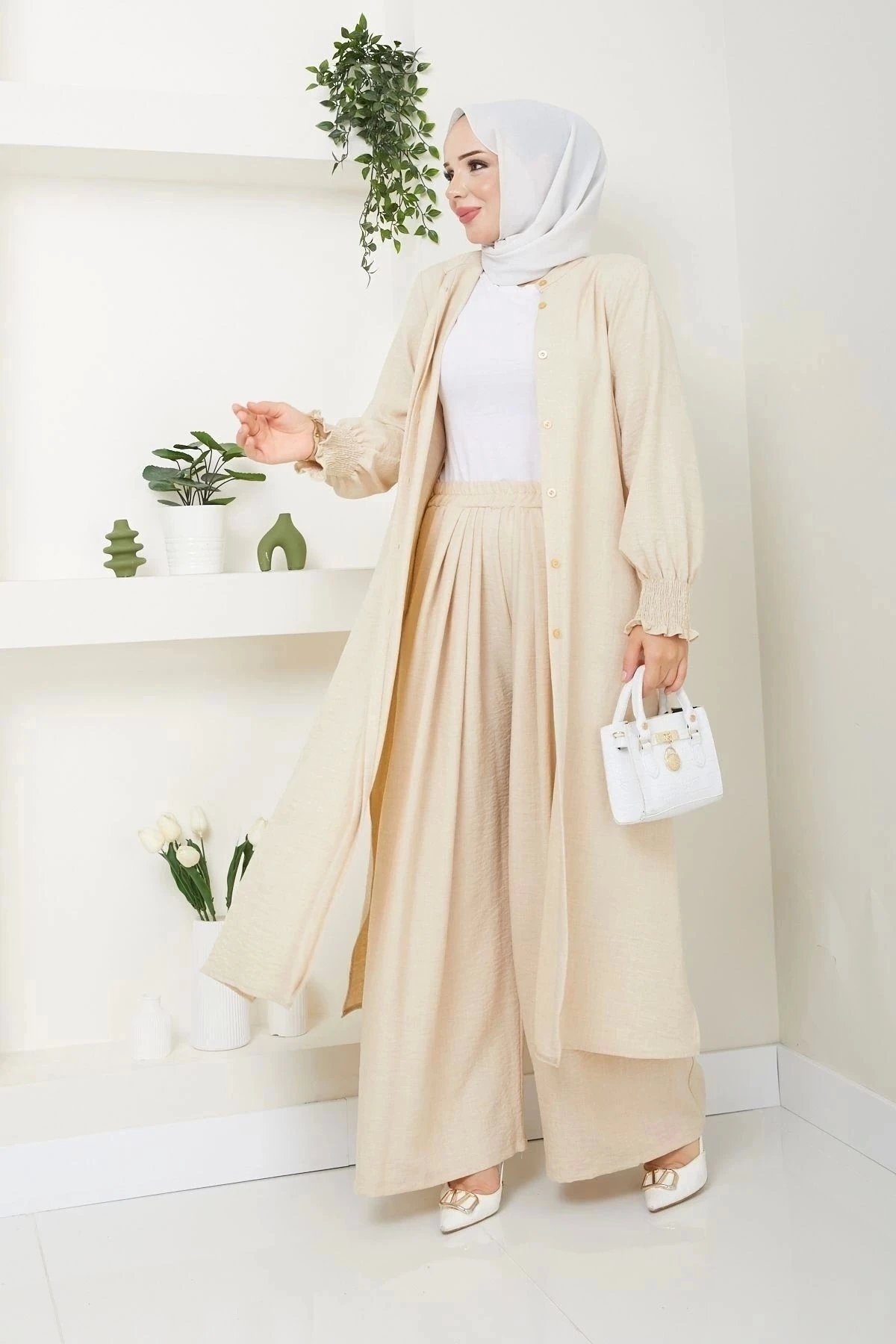 Kadın Uzun İkili Tesettür Tunik Takım 10114 - Taş