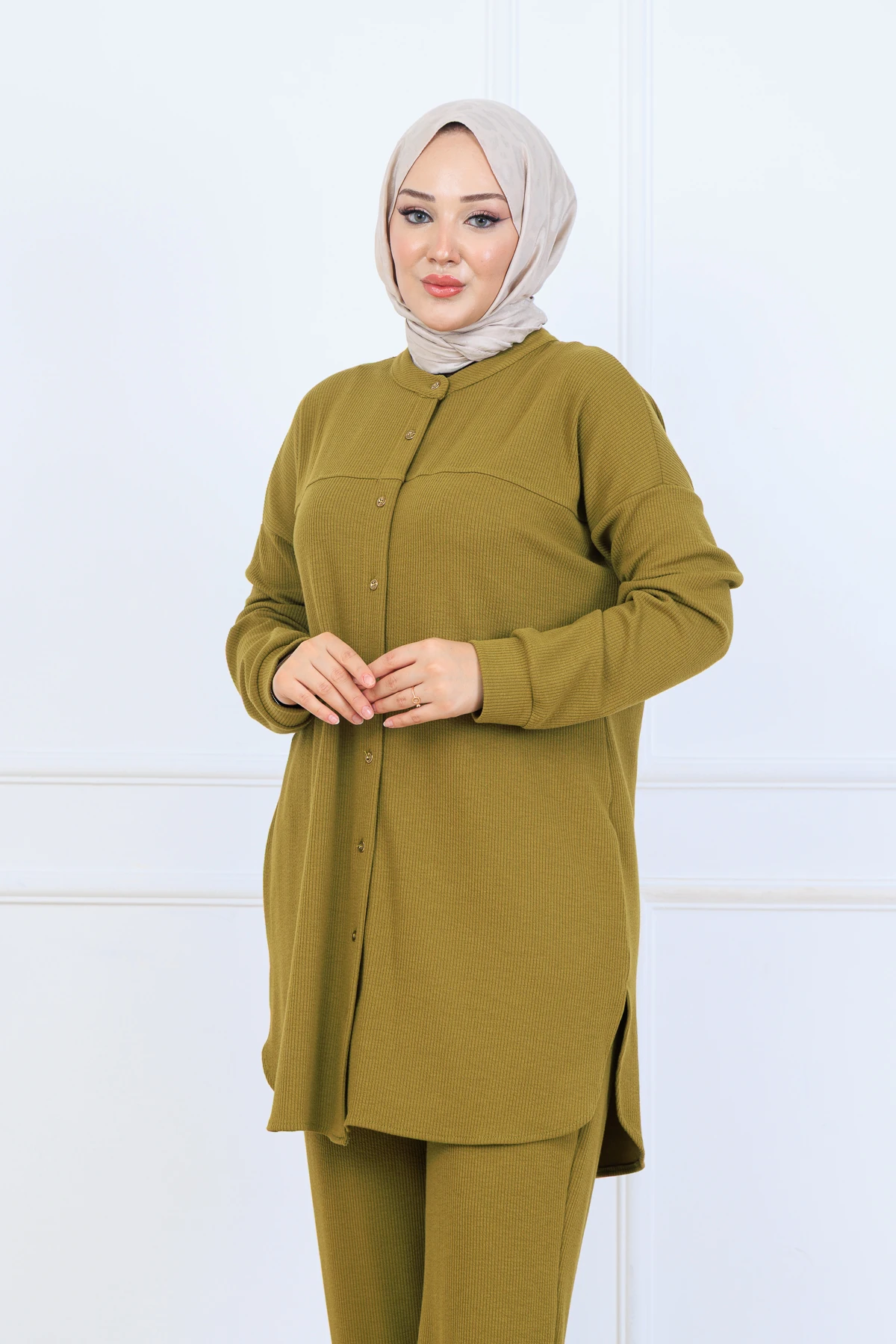 Bürümcük Kumaş Kadın İkili Takım-Gömlek Pantolon 10128 - Yağ Yeşil