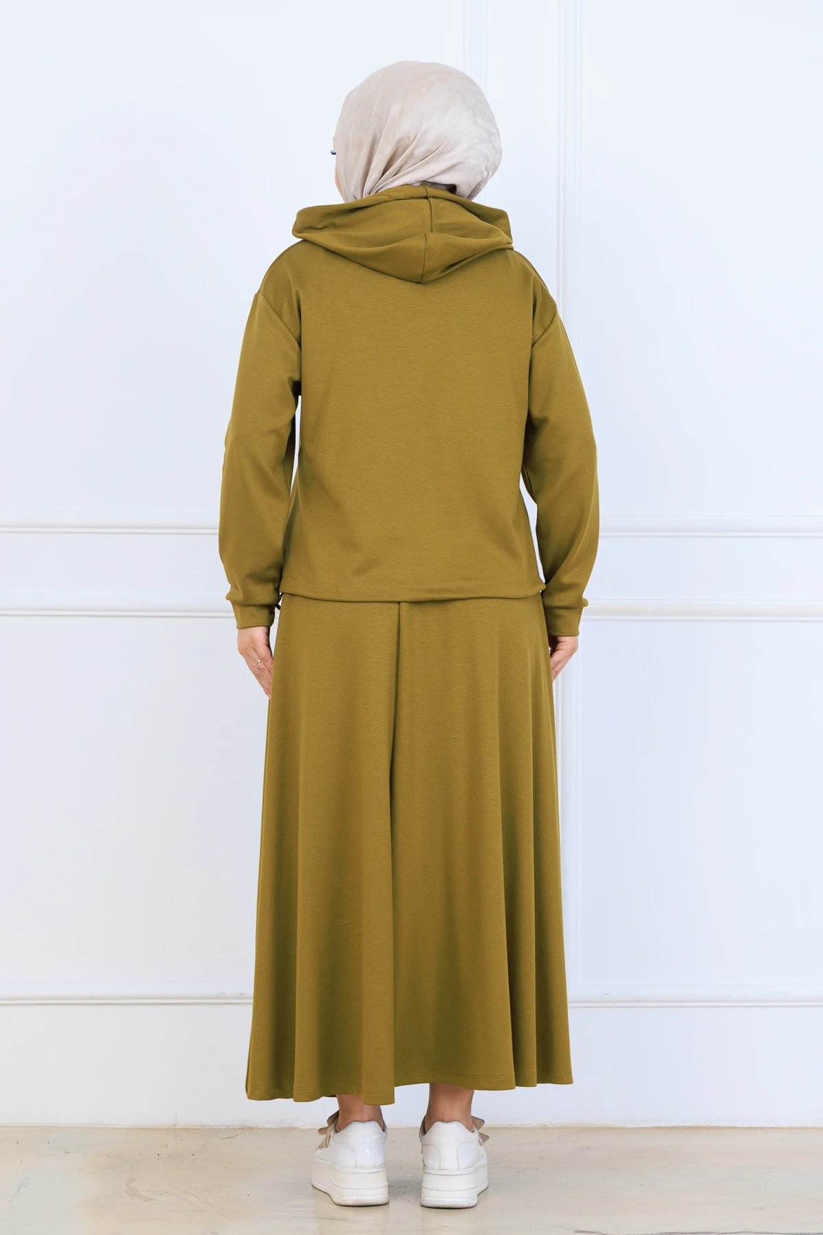 Çilek Kumaş Kapşonlu Sweat Etekli Kadın İkili Takım 10130 - Yağ Yeşil