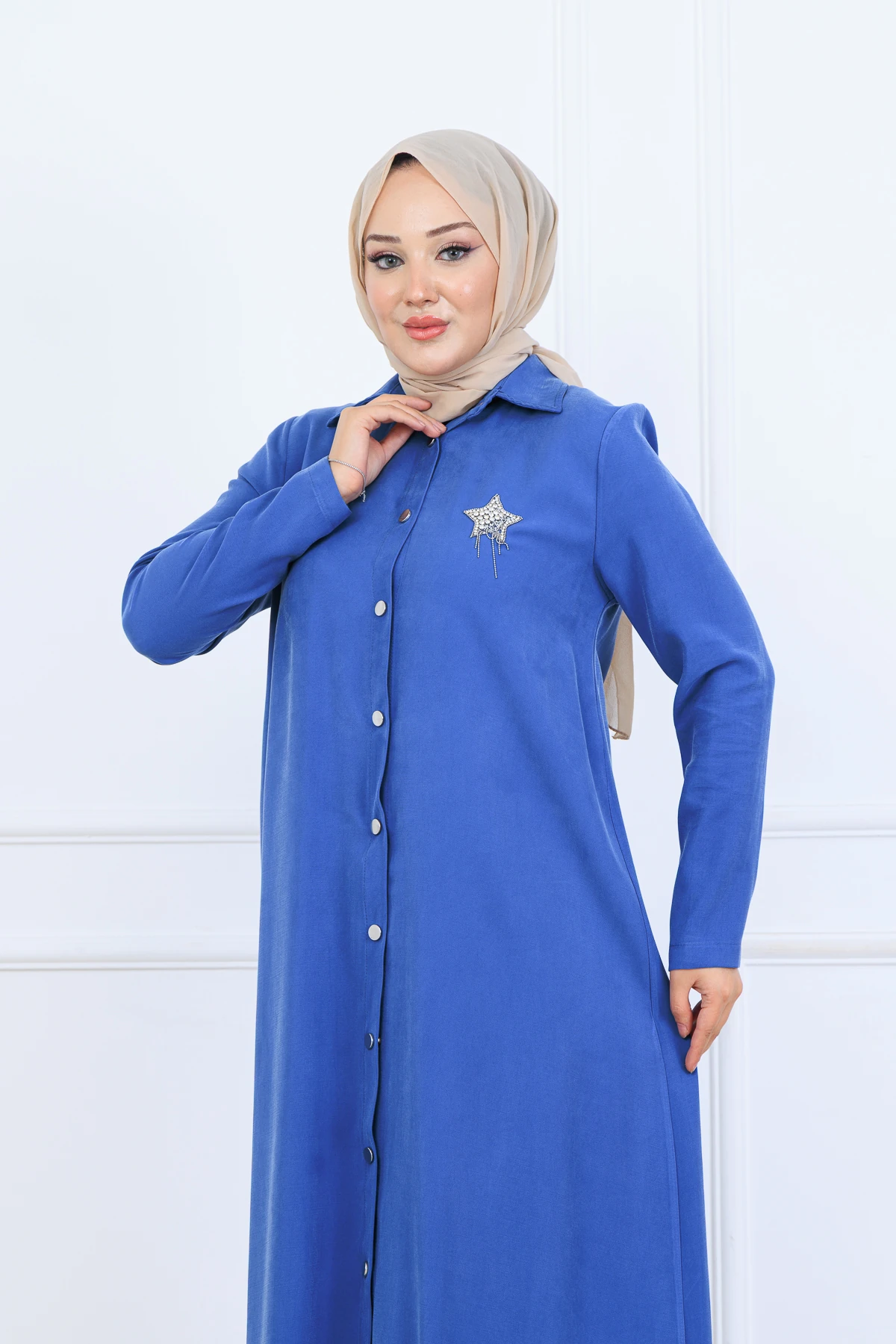 Yumuşak Organik Kumaş Gömlek Yaka Tesettür Kadın Uzun Tunik Pantolonlu İkili Takım 10133 - İndi̇go