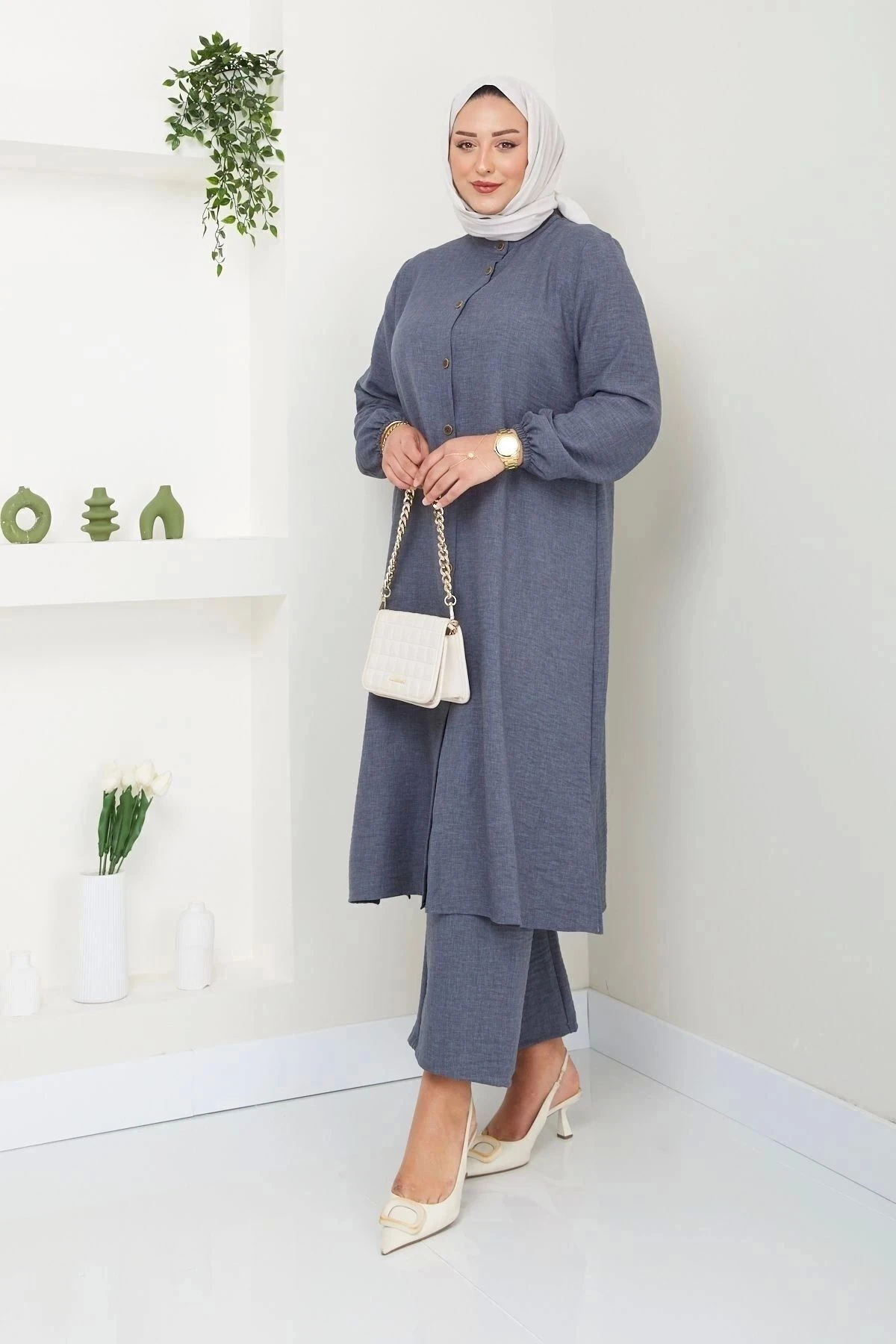 Kadın Büyük Beden Uzun  İkili Tesettür Tunik Takım 10110 - Antrasi̇t.