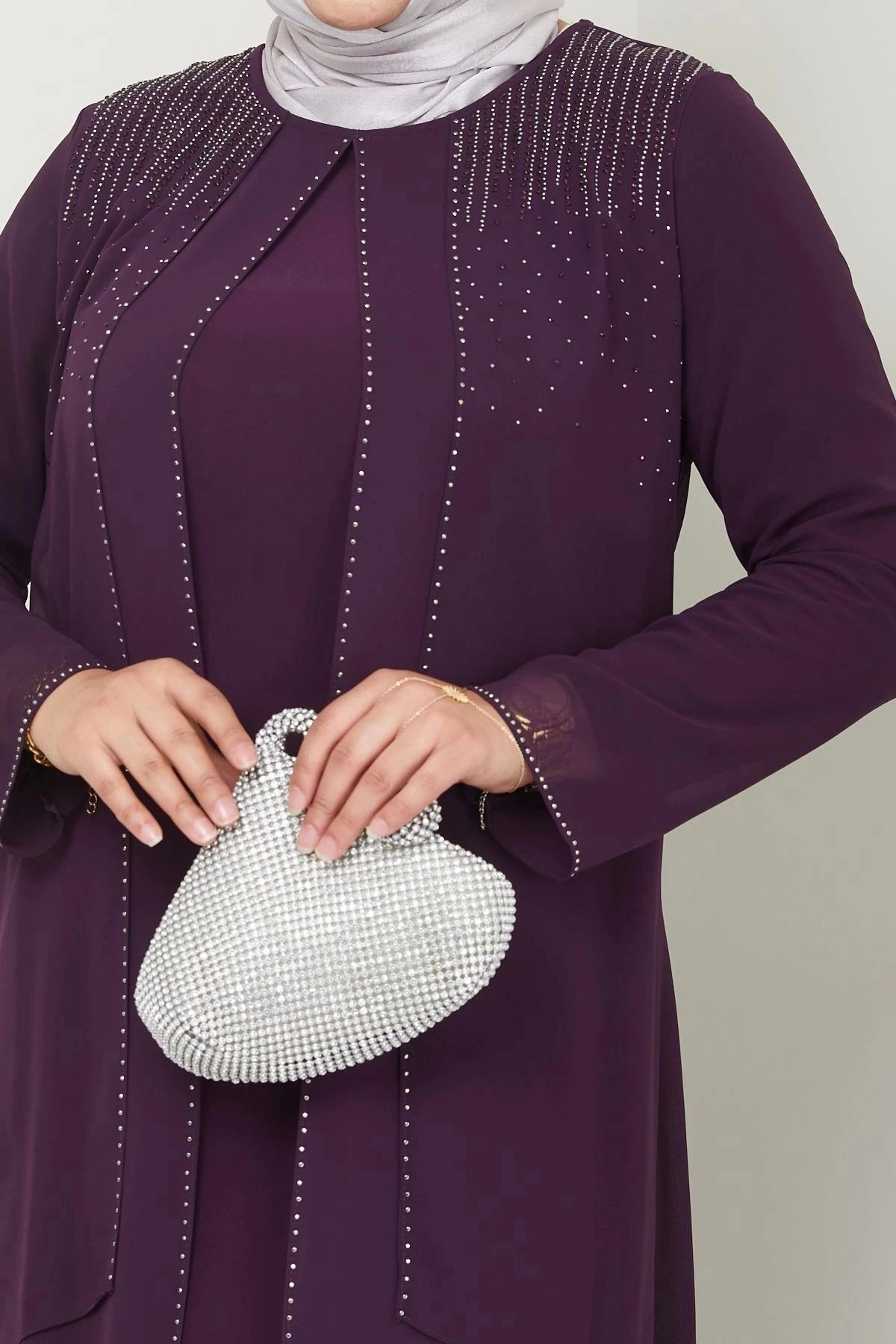 Kadın Büyük Beden Abiye Elbise İki Kat Şifon Tesettür Abiye Elbise 10117 - Mürdüm