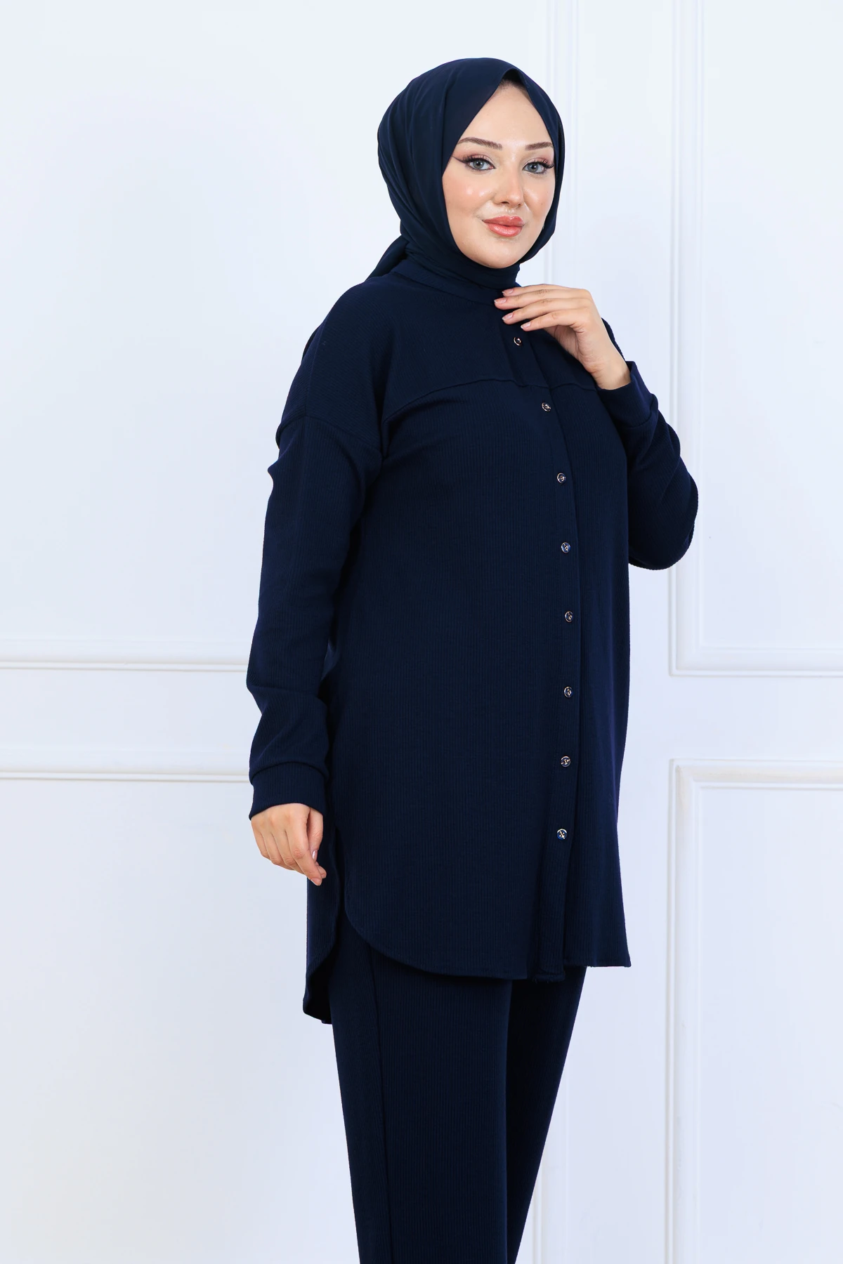 Bürümcük Kumaş Kadın İkili Takım-Gömlek Pantolon 10128 - Lacivert