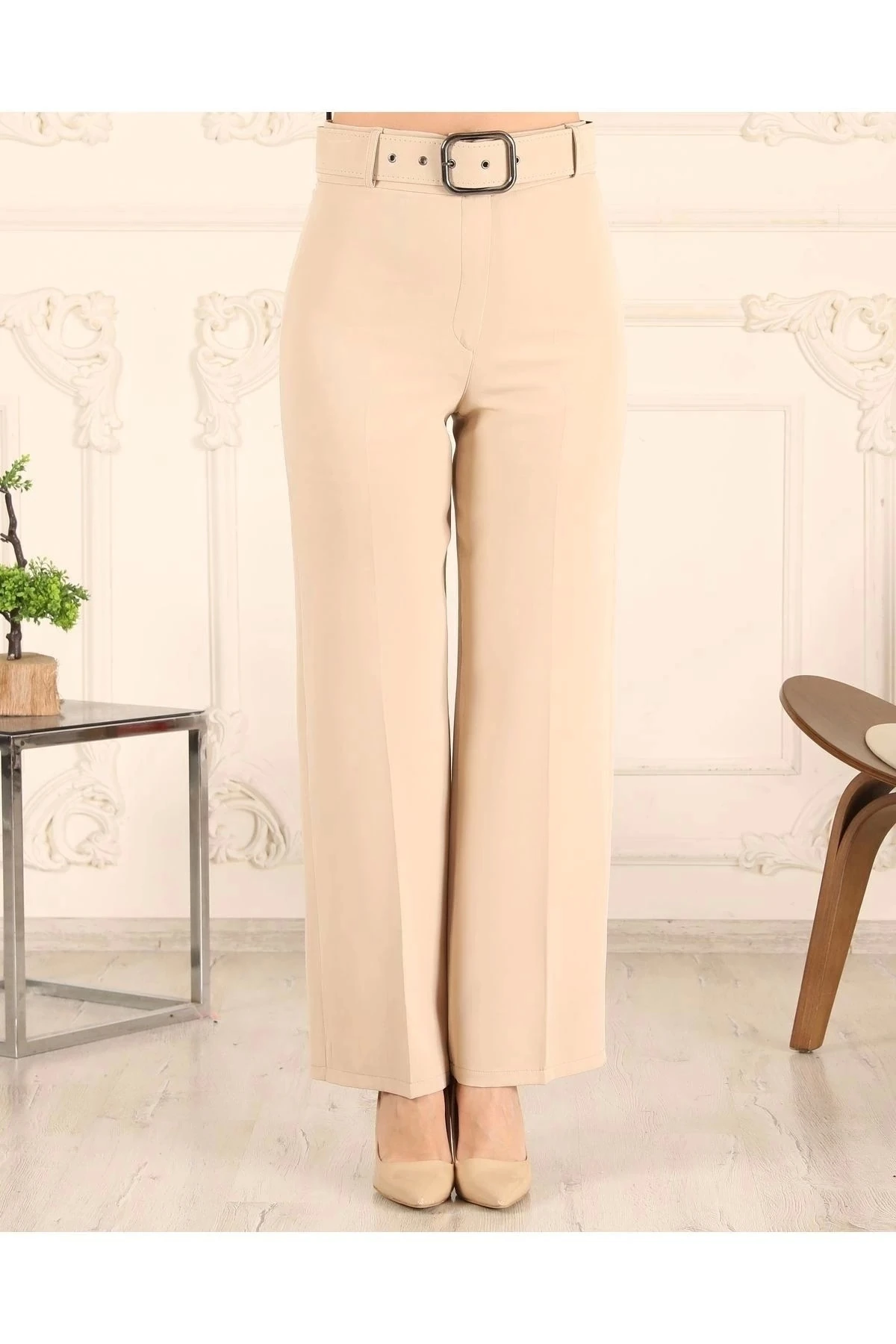 Kadın Bol Paça Kemerli Pantolon 10103 - Krem