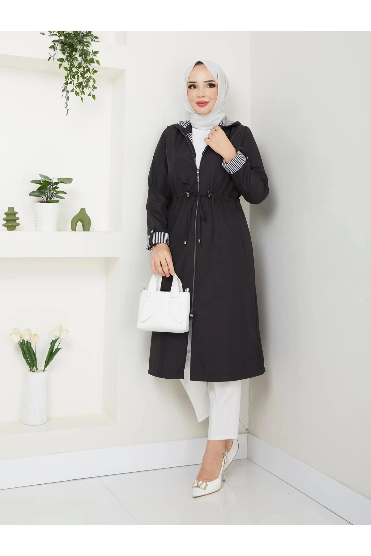 Kadın Uzun Giy Çık Trençkot 10104 - Siyah