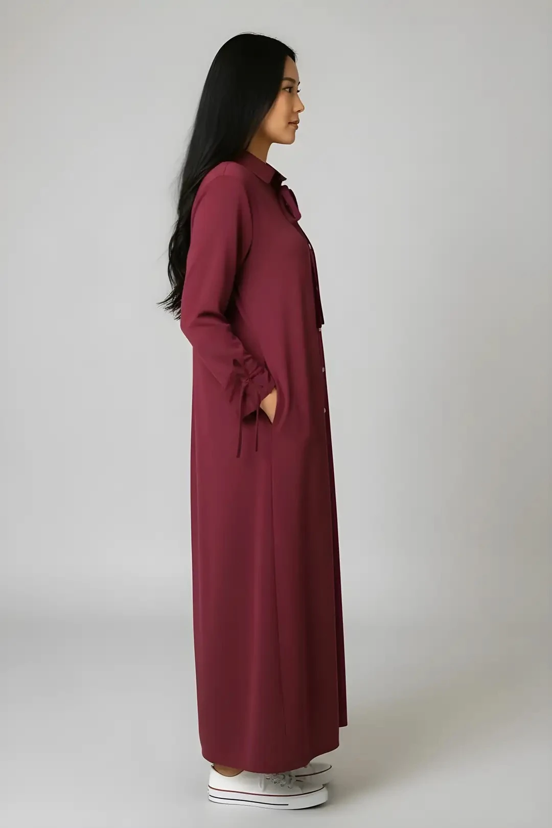 Yumuşak Organik Kumaş Gömlek Yaka Tesettür Kadın Uzun Elbise 10134 - Bordo