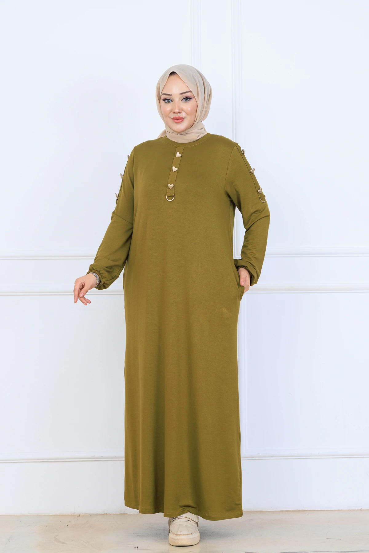 Rahat Bol Kesim Örme Kumaş Elbise 10127 - Yağ Yeşil