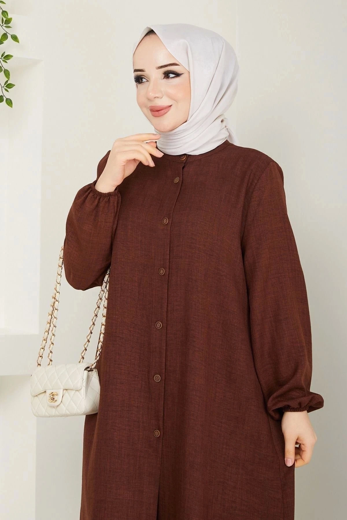 Kadın Büyük Beden Uzun  İkili Tesettür Tunik Takım 10110 - Kahverengi̇