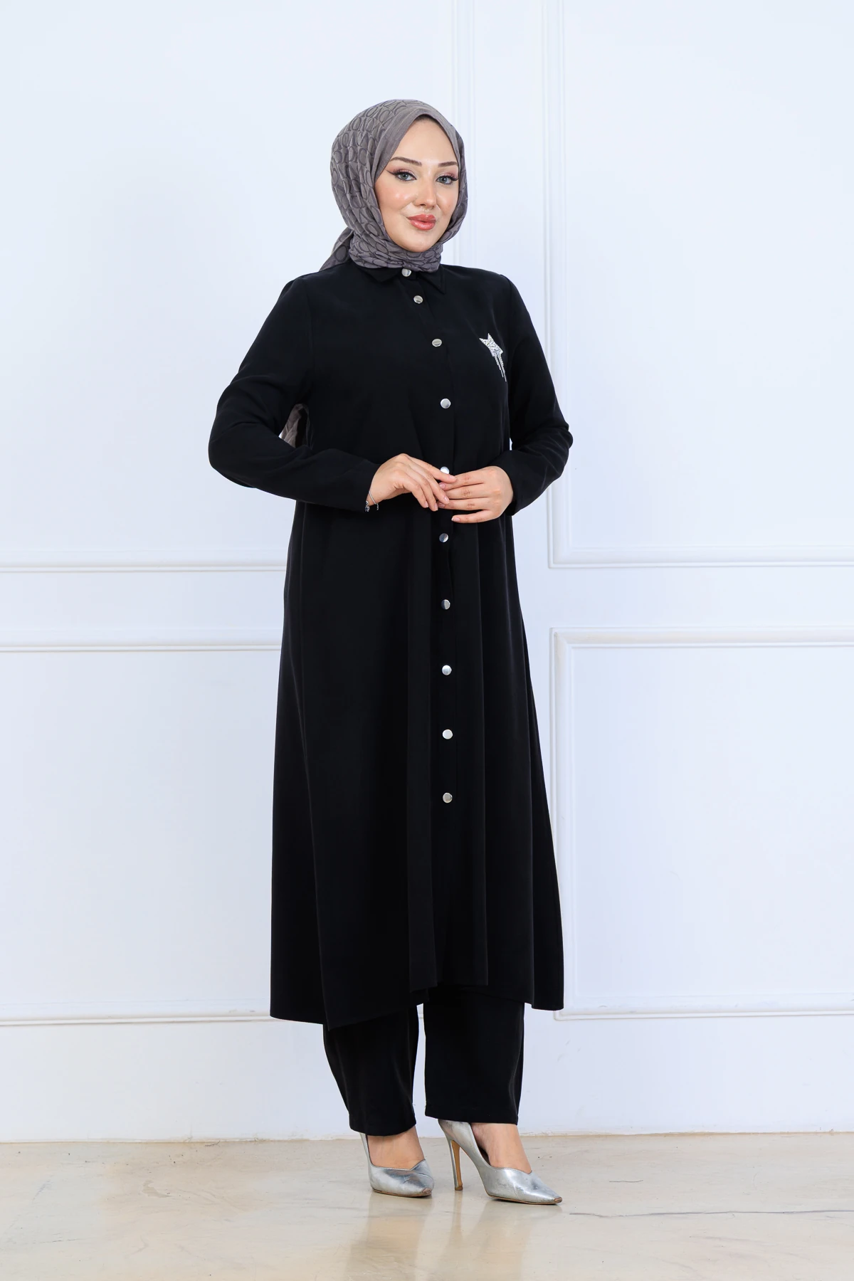 Yumuşak Organik Kumaş Gömlek Yaka Tesettür Kadın Uzun Tunik Pantolonlu İkili Takım 10133