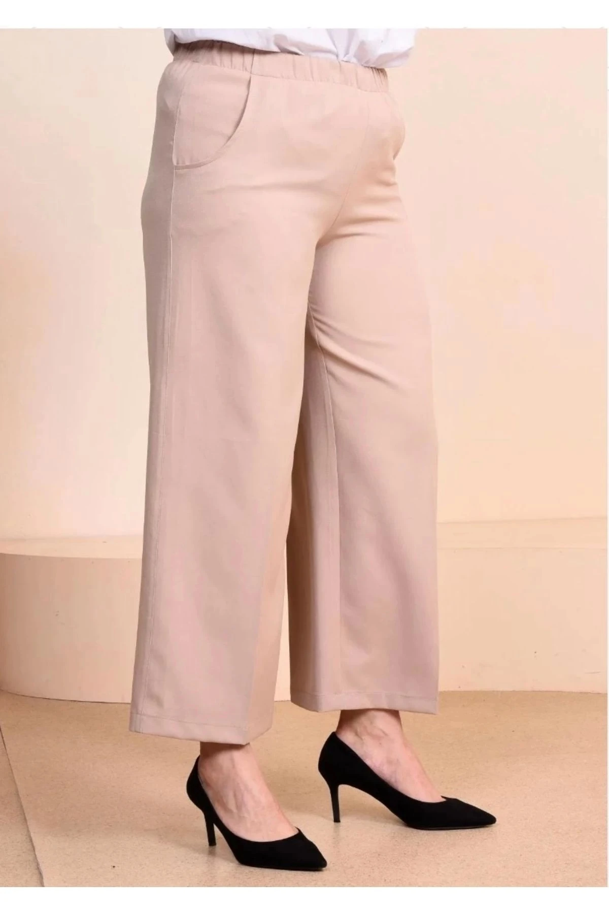 Büyük Beden Lastikli Kumaş Bol Paça Kadın Pantolon 10109