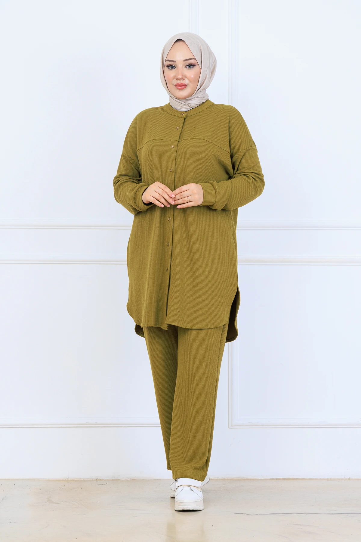 Bürümcük Kumaş Kadın İkili Takım-Gömlek Pantolon 10128 - Yağ Yeşil