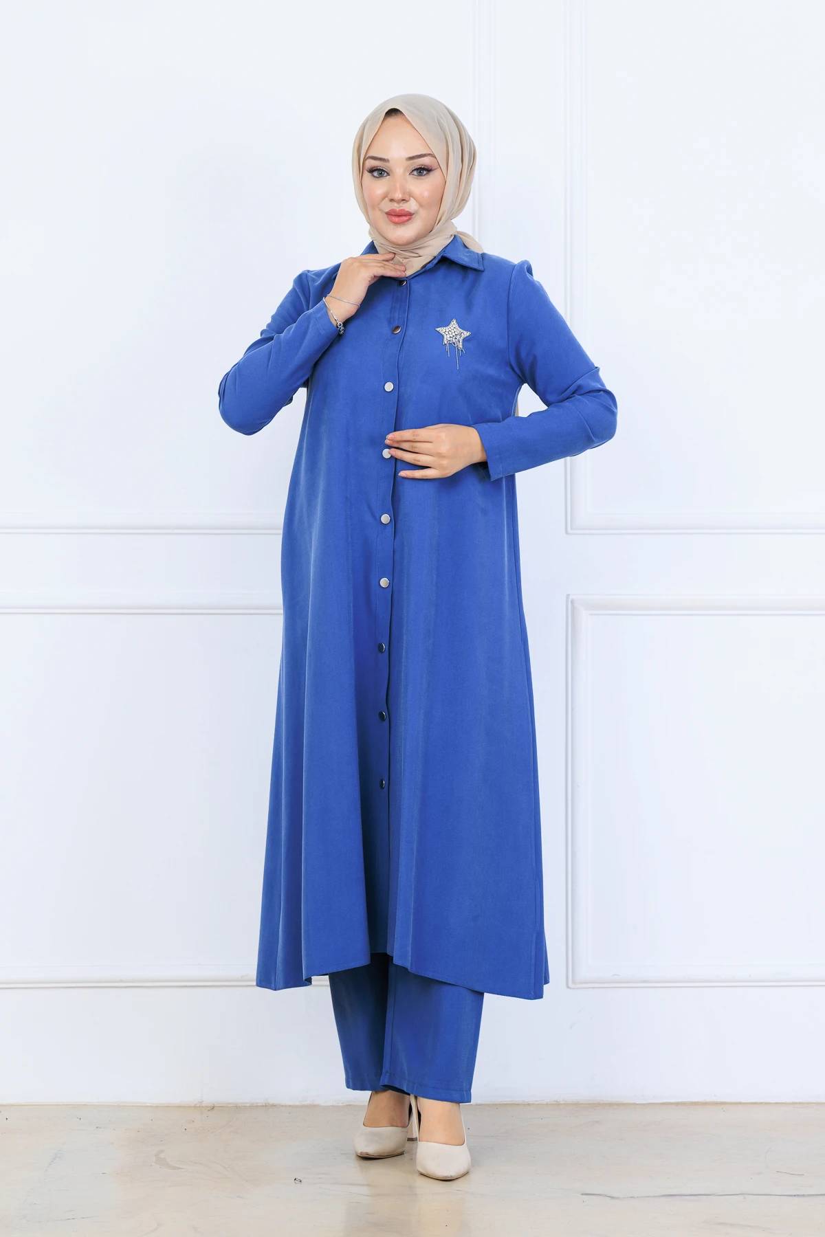 Yumuşak Organik Kumaş Gömlek Yaka Tesettür Kadın Uzun Tunik Pantolonlu İkili Takım 10133 - İndi̇go
