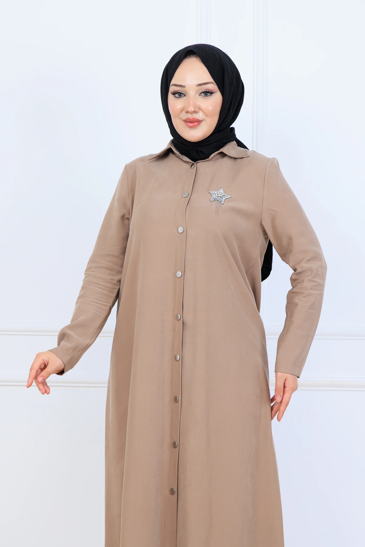 Yumuşak Organik Kumaş Gömlek Yaka Tesettür Kadın Uzun Tunik Pantolonlu İkili Takım 10133 - Vizon