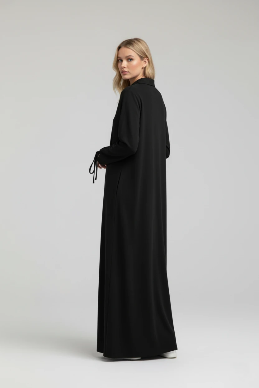Yumuşak Organik Kumaş Gömlek Yaka Tesettür Kadın Uzun Elbise 10134 - Siyah