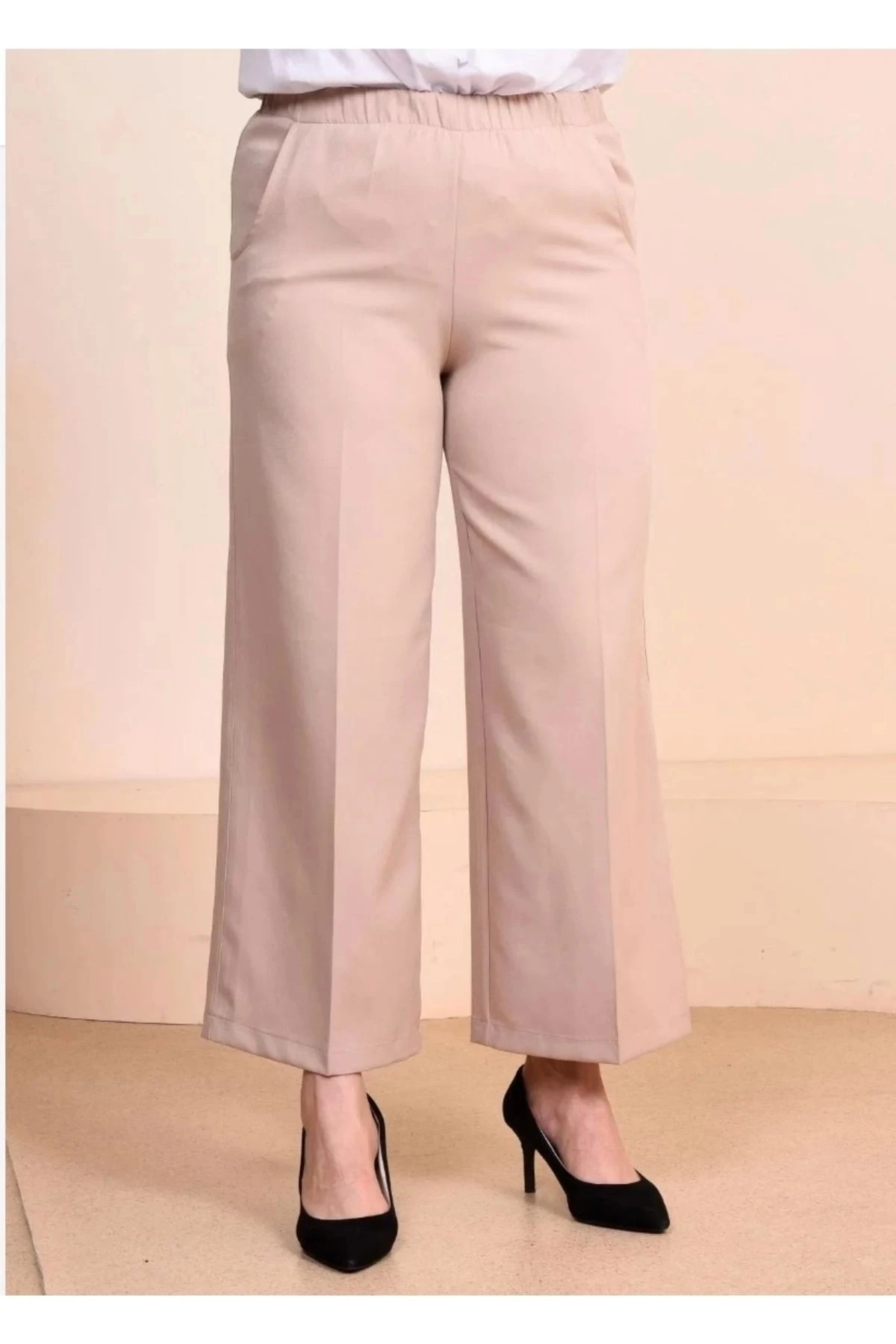 Büyük Beden Lastikli Kumaş Bol Paça Kadın Pantolon 10109
