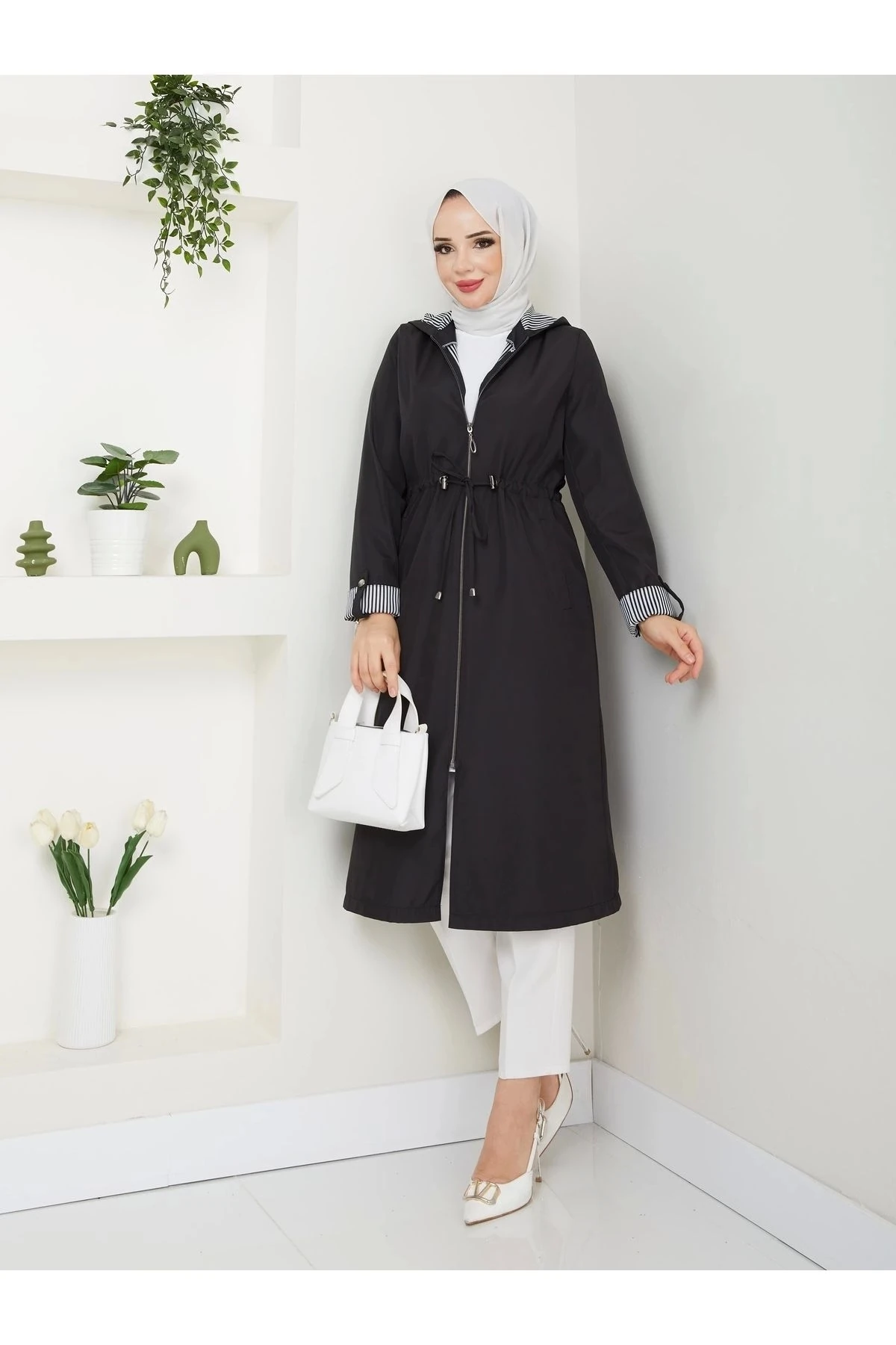 Kadın Uzun Giy Çık Trençkot 10104 - Siyah