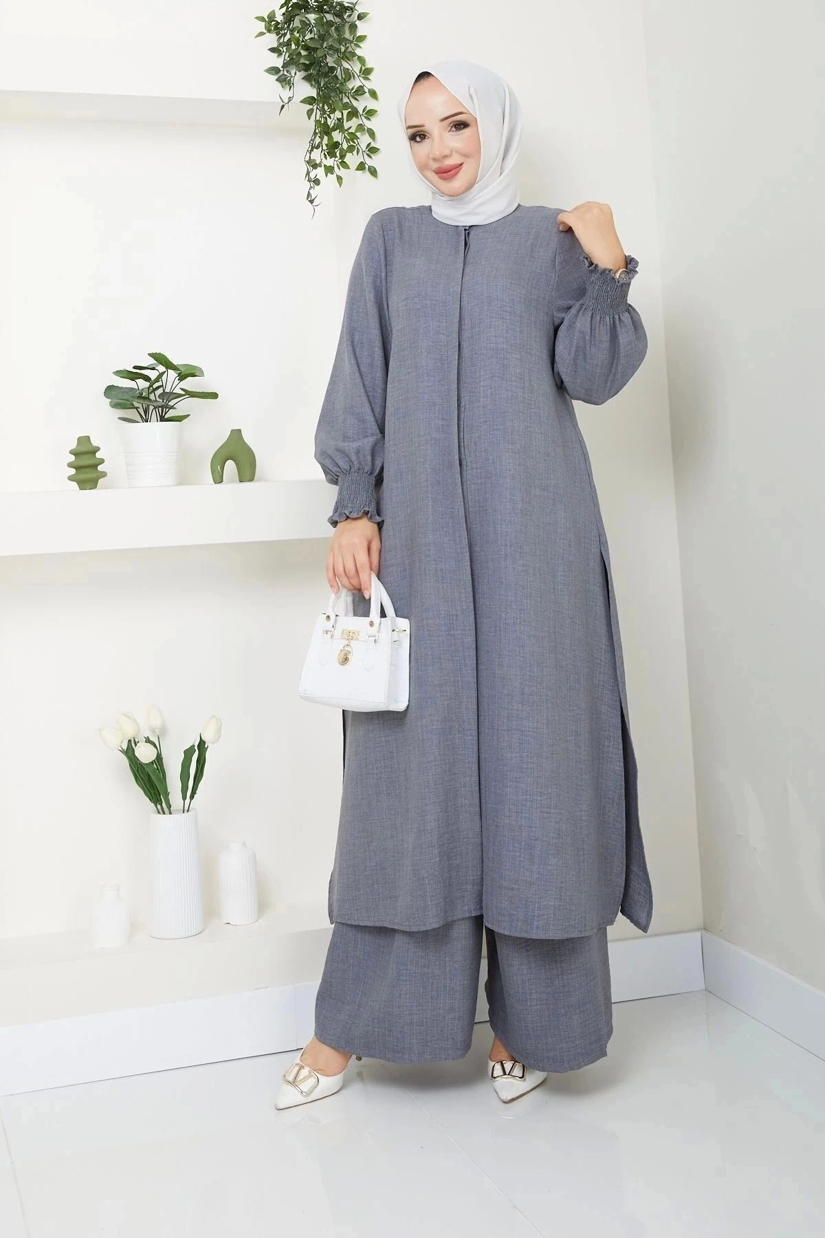 Kadın Uzun İkili Tesettür Tunik Takım 10114 - Gri