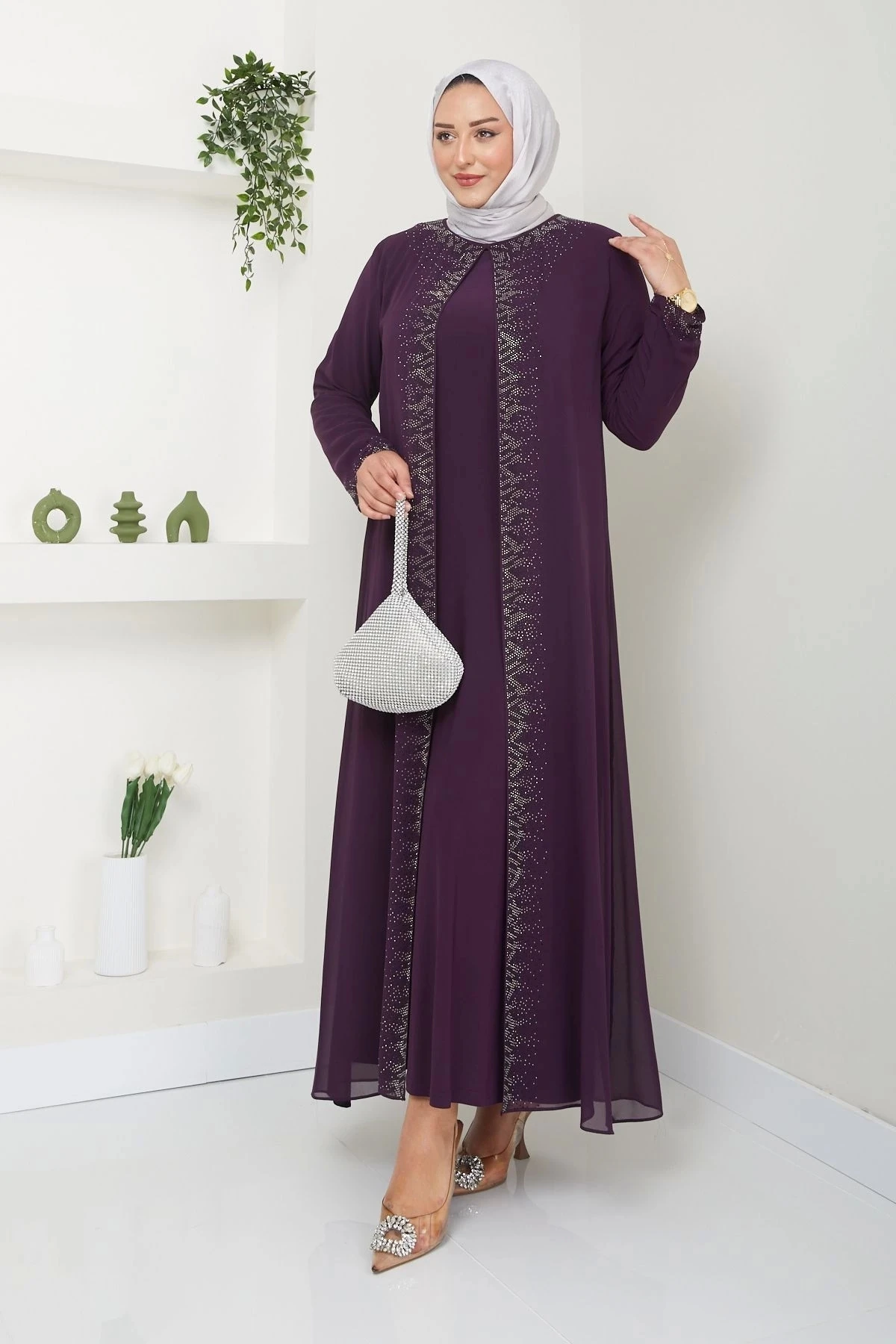 Kadın Büyük Beden Abiye Elbise Uzun Şifon 10118 - Mürdüm