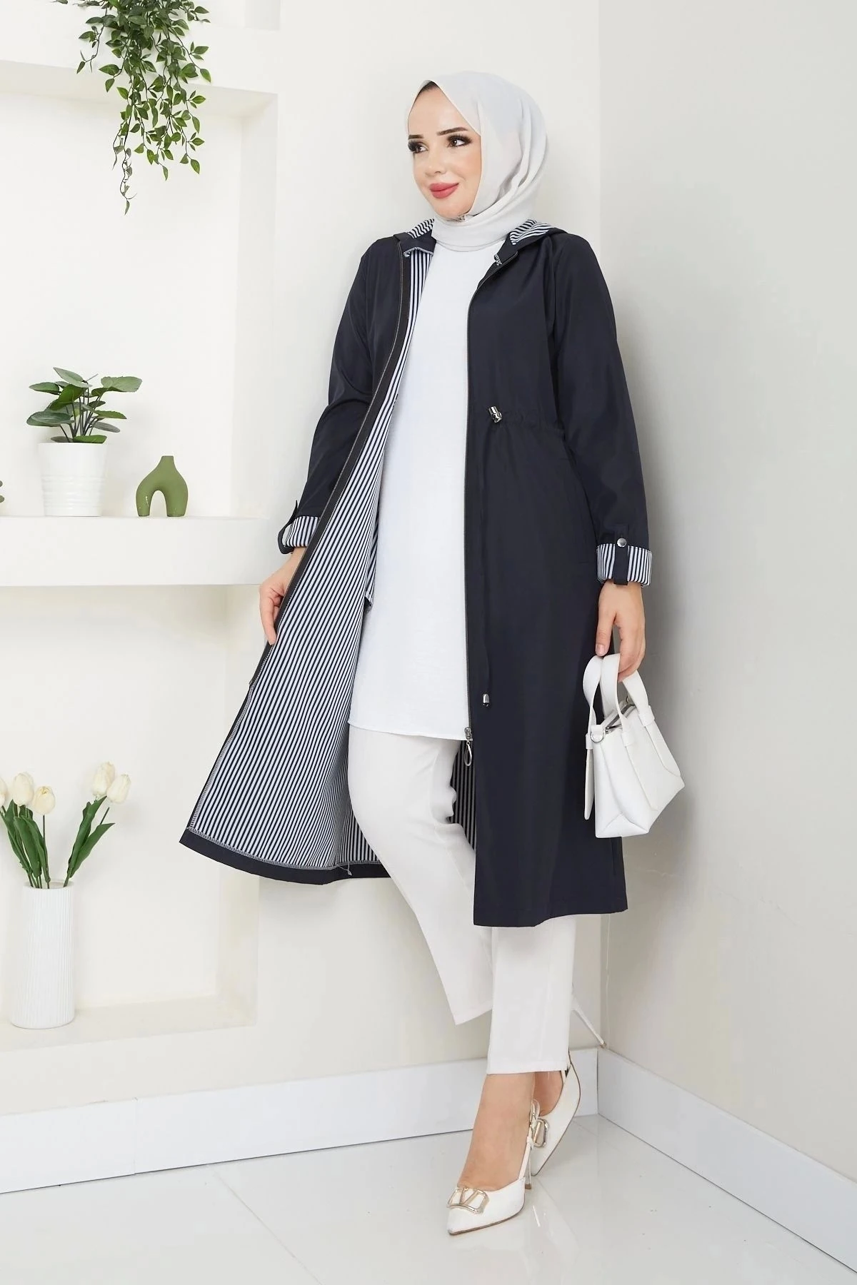 Kadın Uzun Giy Çık Trençkot 10104 - Lacivert