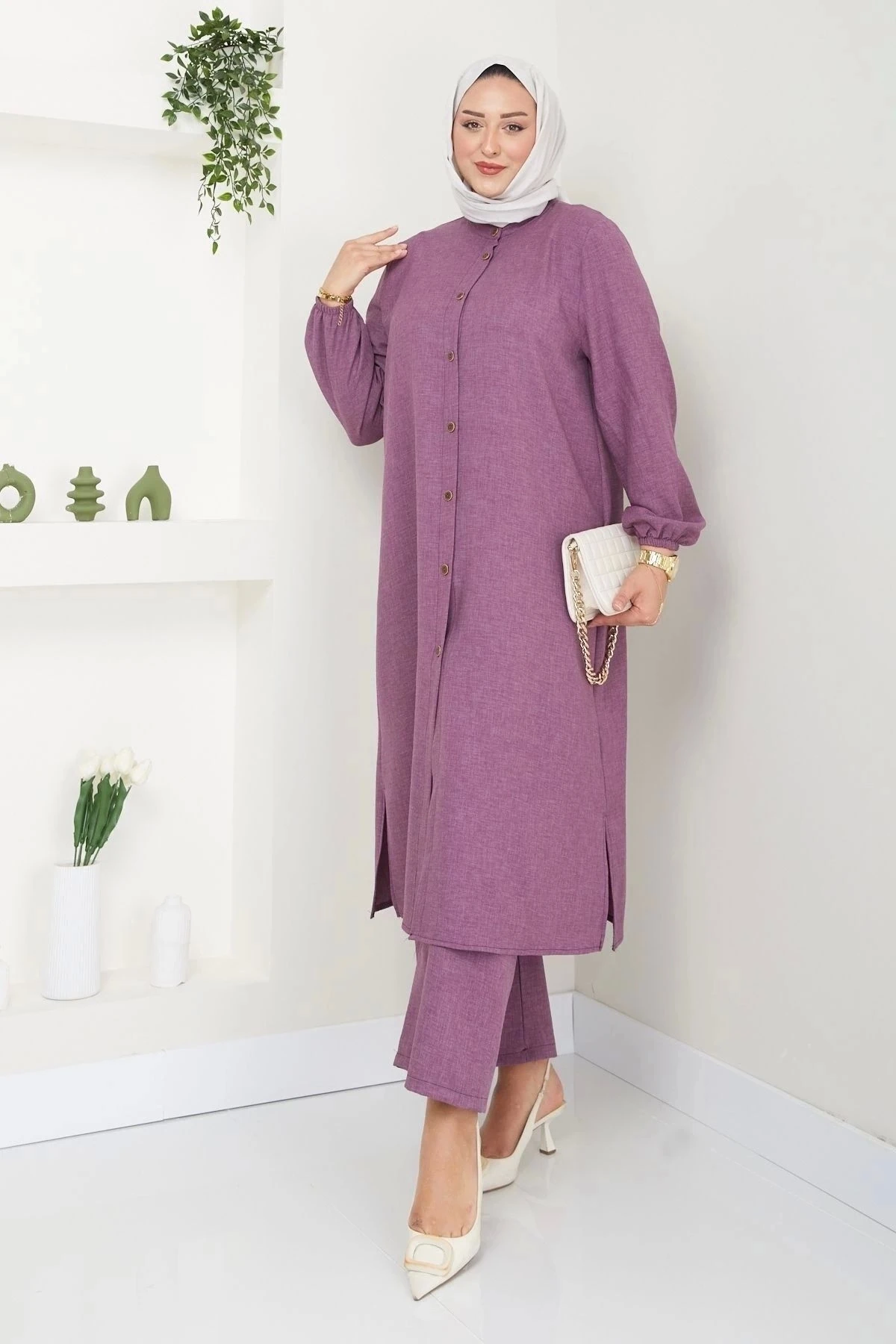 Kadın Büyük Beden Uzun  İkili Tesettür Tunik Takım 10110 - Lila