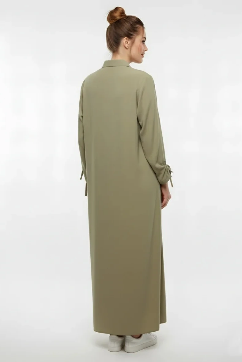 Yumuşak Organik Kumaş Gömlek Yaka Tesettür Kadın Uzun Elbise 10134 - Yağ Yeşil
