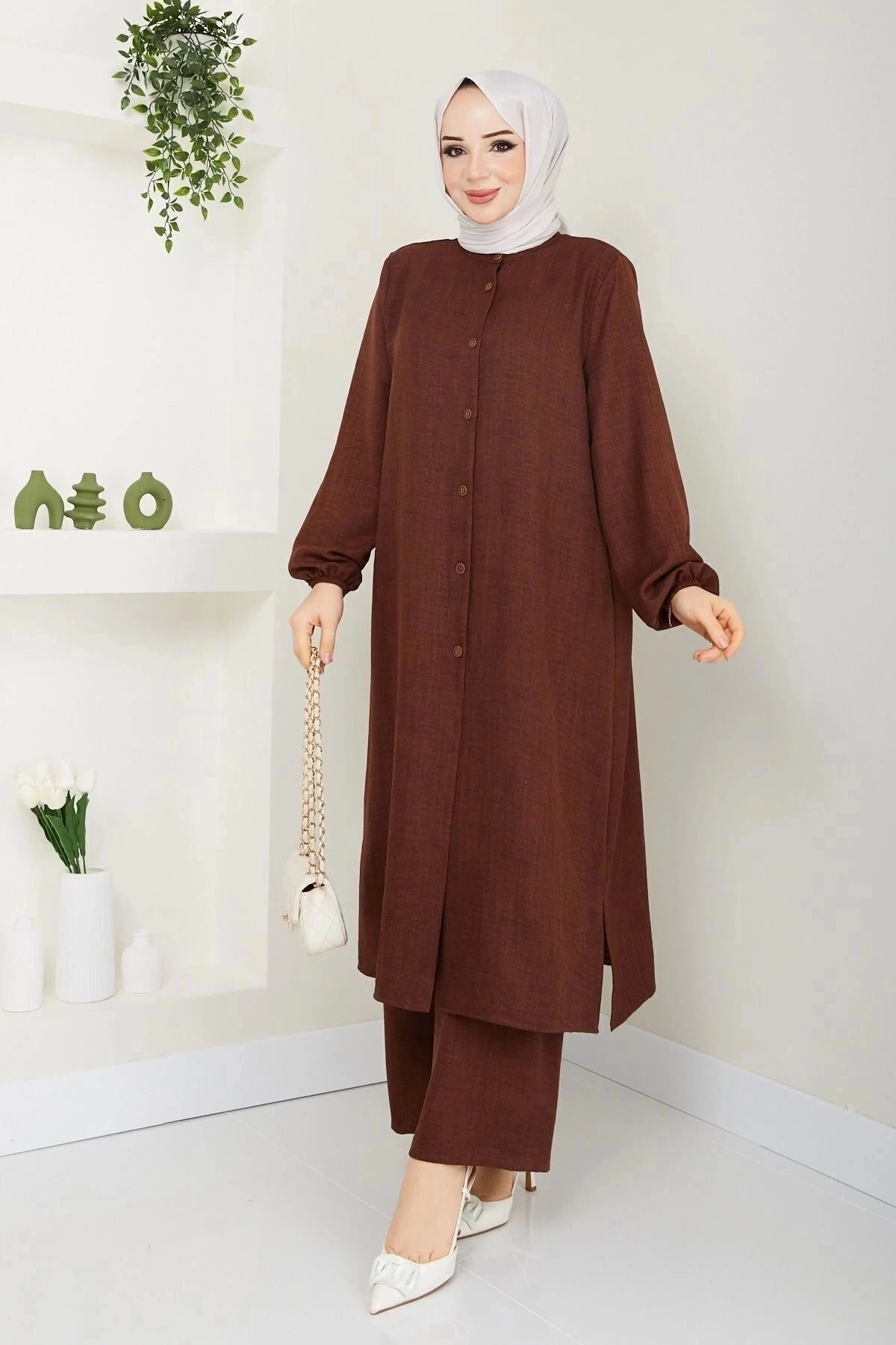 Kadın Büyük Beden Uzun  İkili Tesettür Tunik Takım 10110 - Kahverengi̇