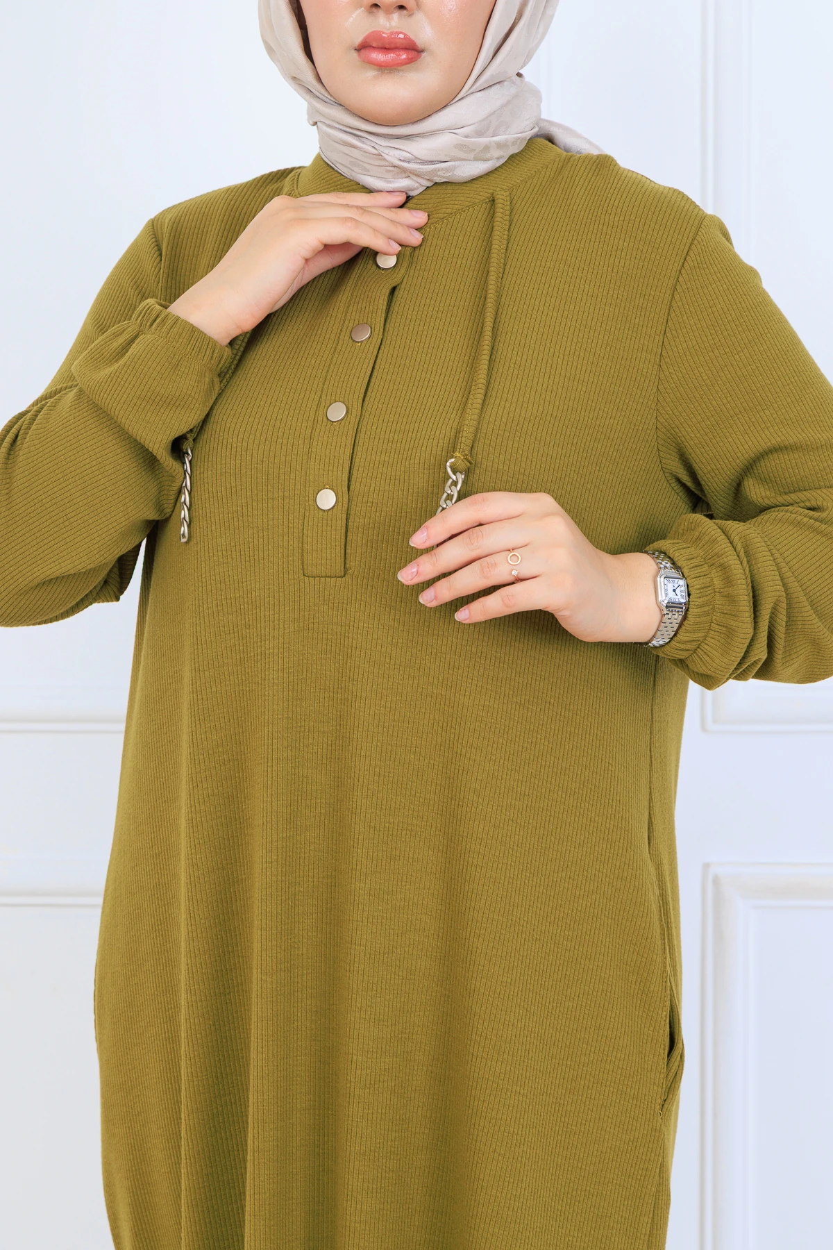 Rahat Kalıp Fitilli Örme Kumaş Elbise 10126 - Yağ Yeşil